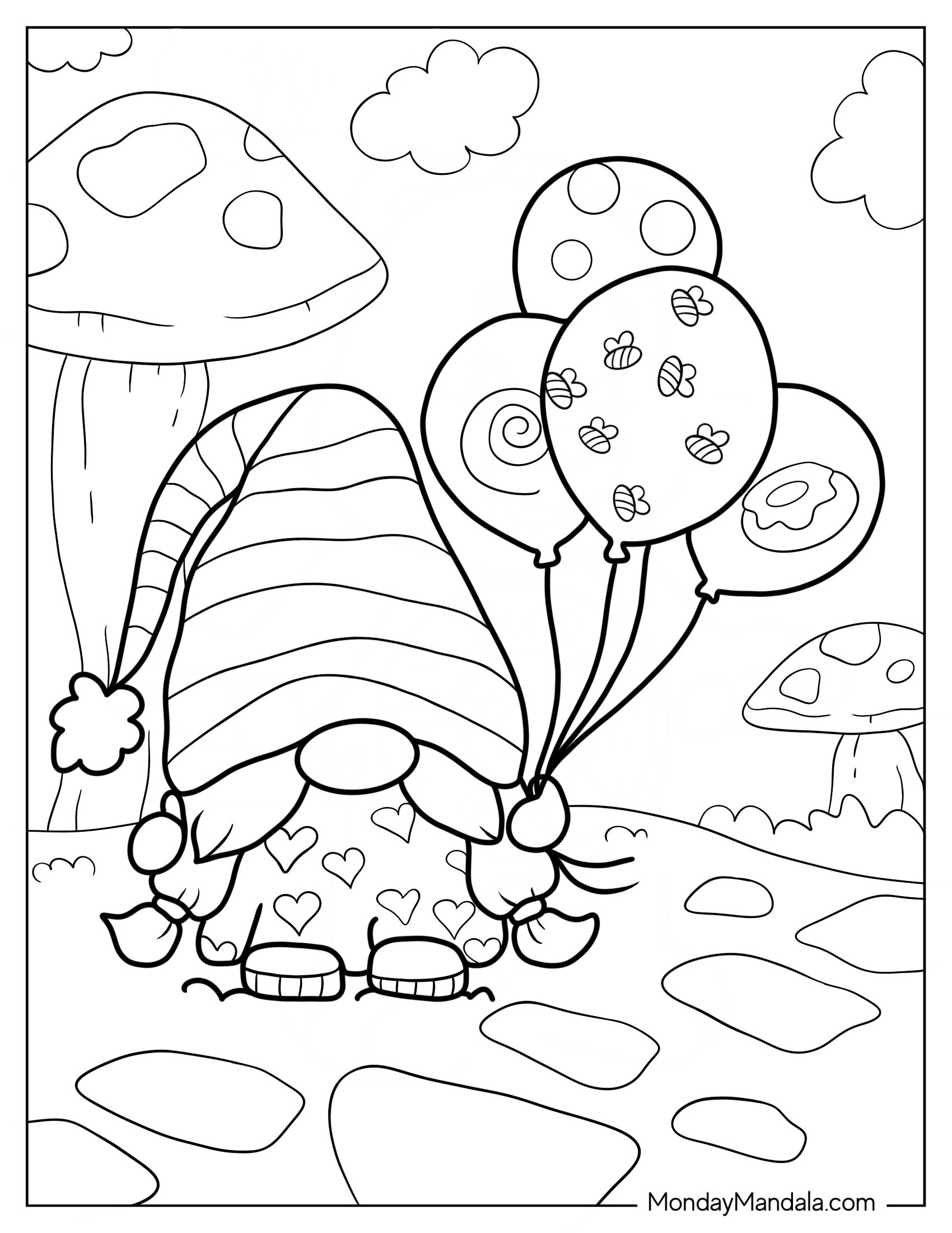 Gnome Coloring Page In Heart Pajamas Holding Balloons