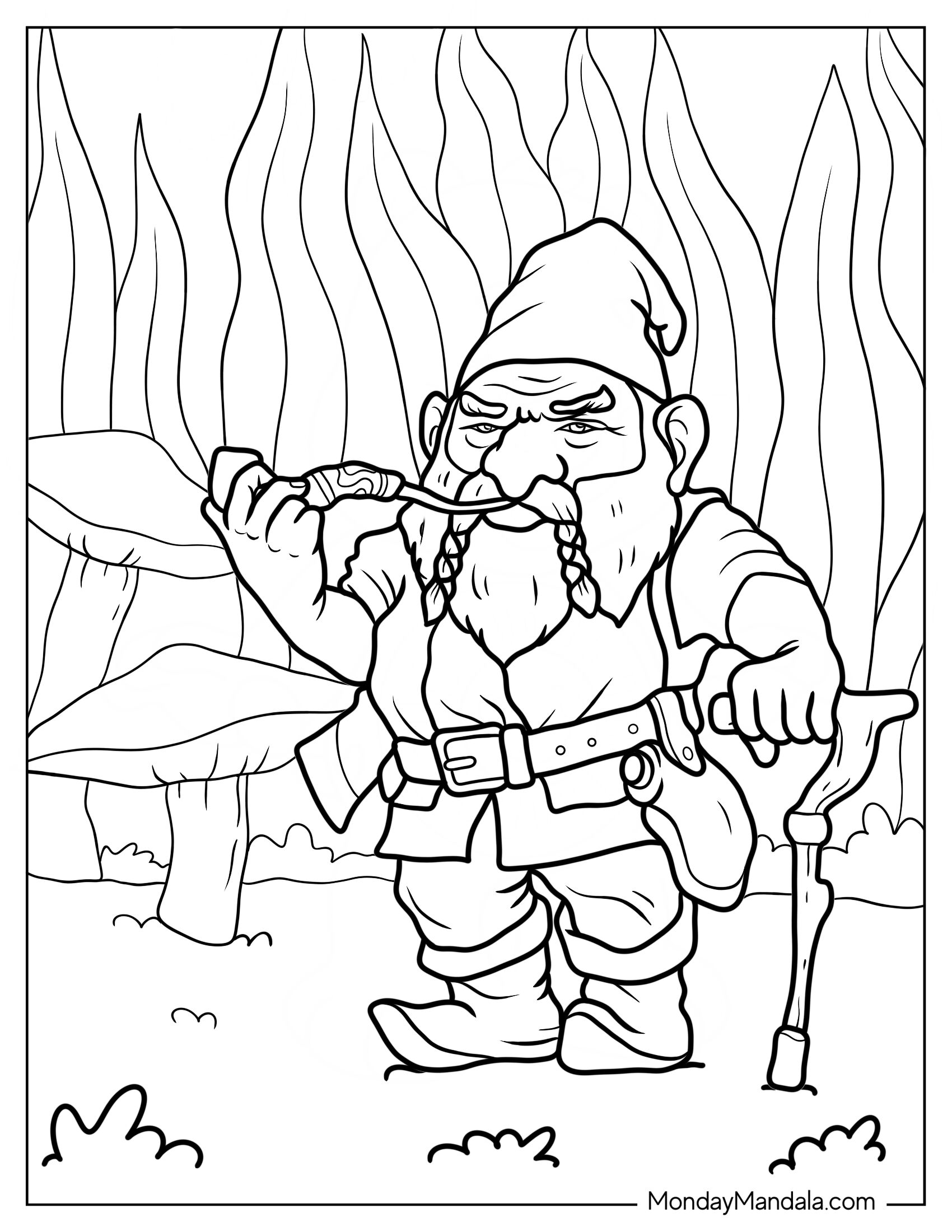 Gnome Coloring Page Smoking Pipe While Holding Cane