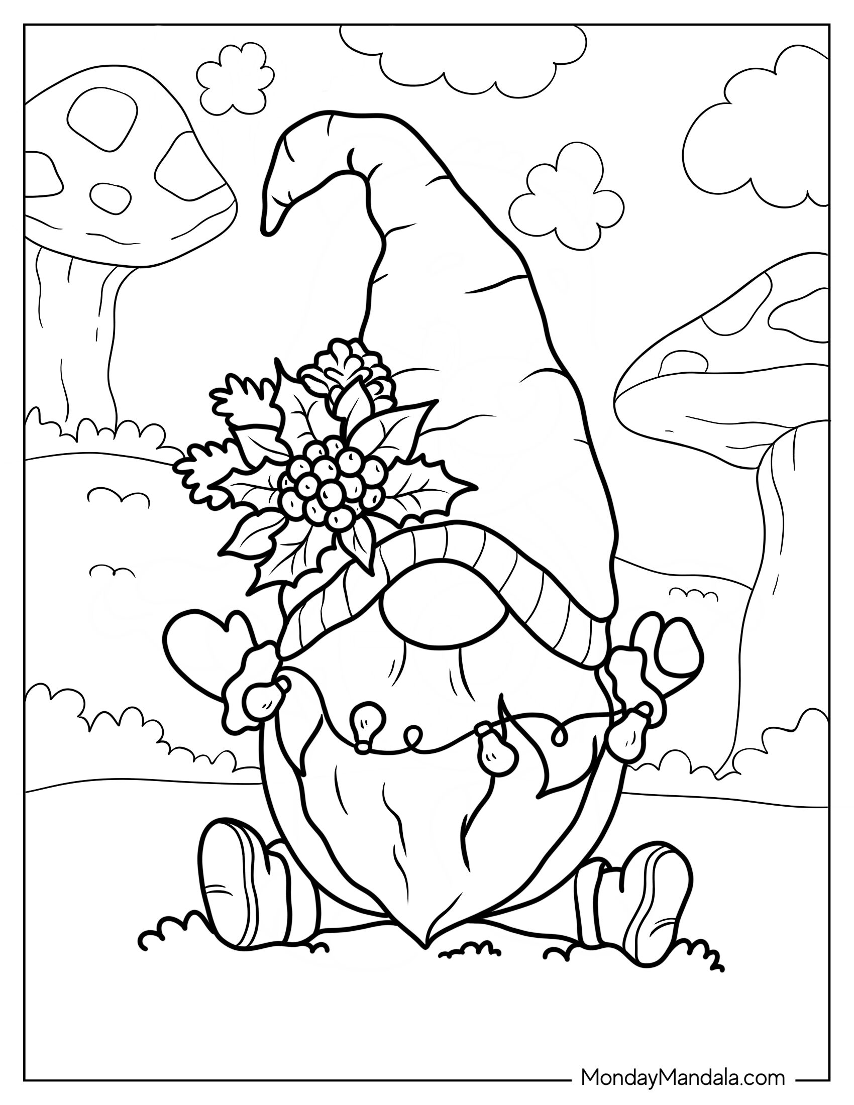 Gnome Coloring Page With Hollies, Mistletoe, And Christmas Lights