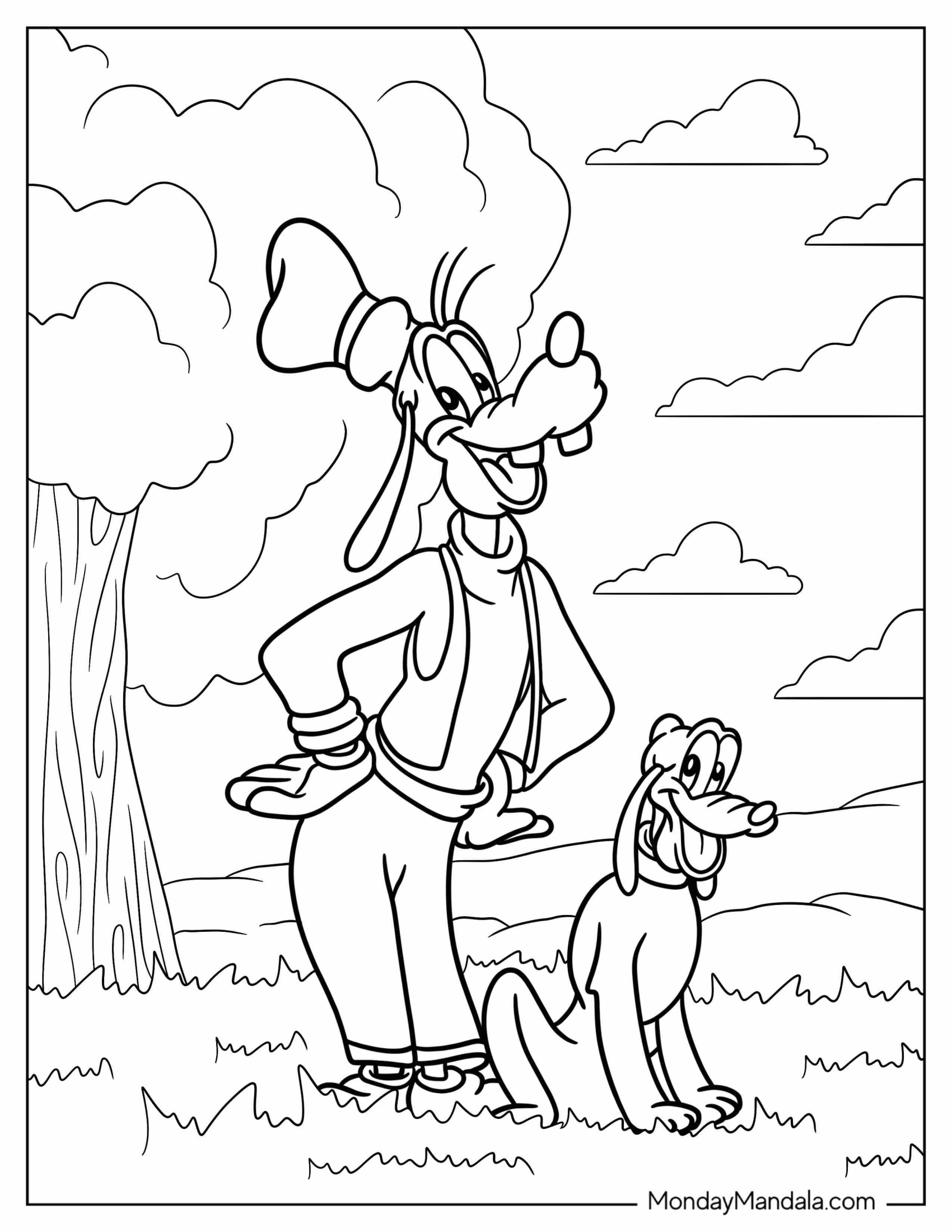 Goofy Standing With Pluto Coloring Page In Field