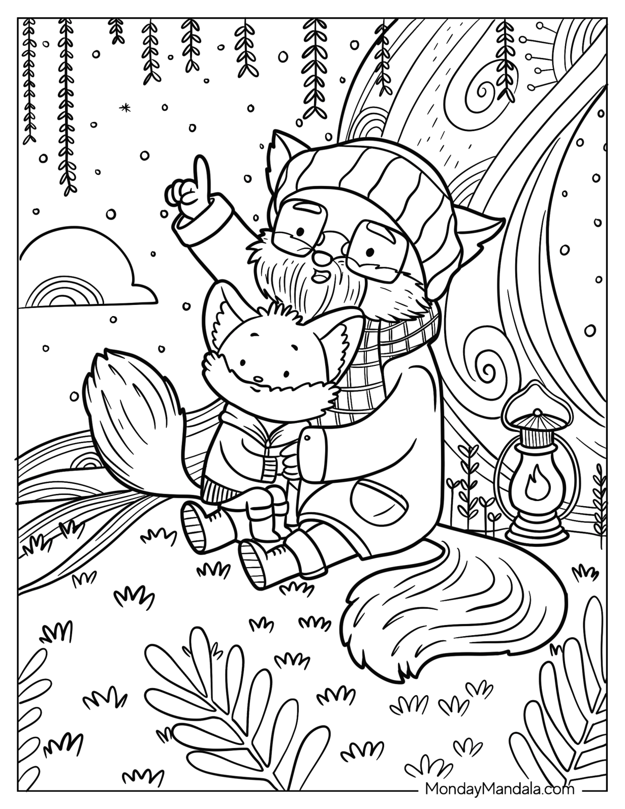 Grandpa Fox Coloring Page With Baby Fox Outdoors On Christmas