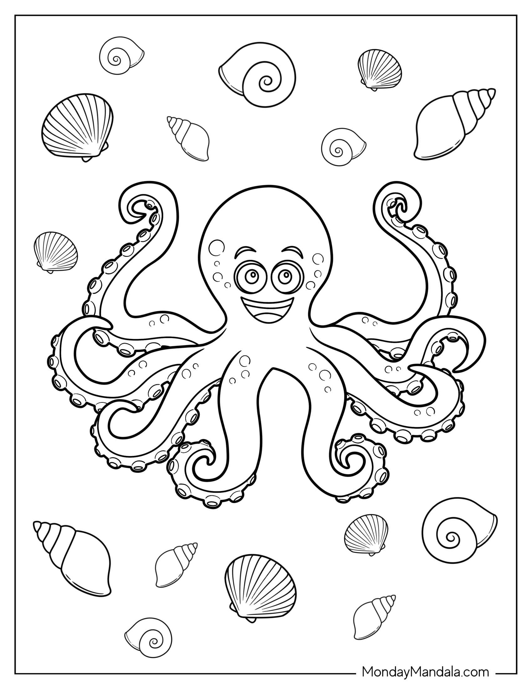 Grinning Cartoon Octopus Coloring Page In The Sea With Shells