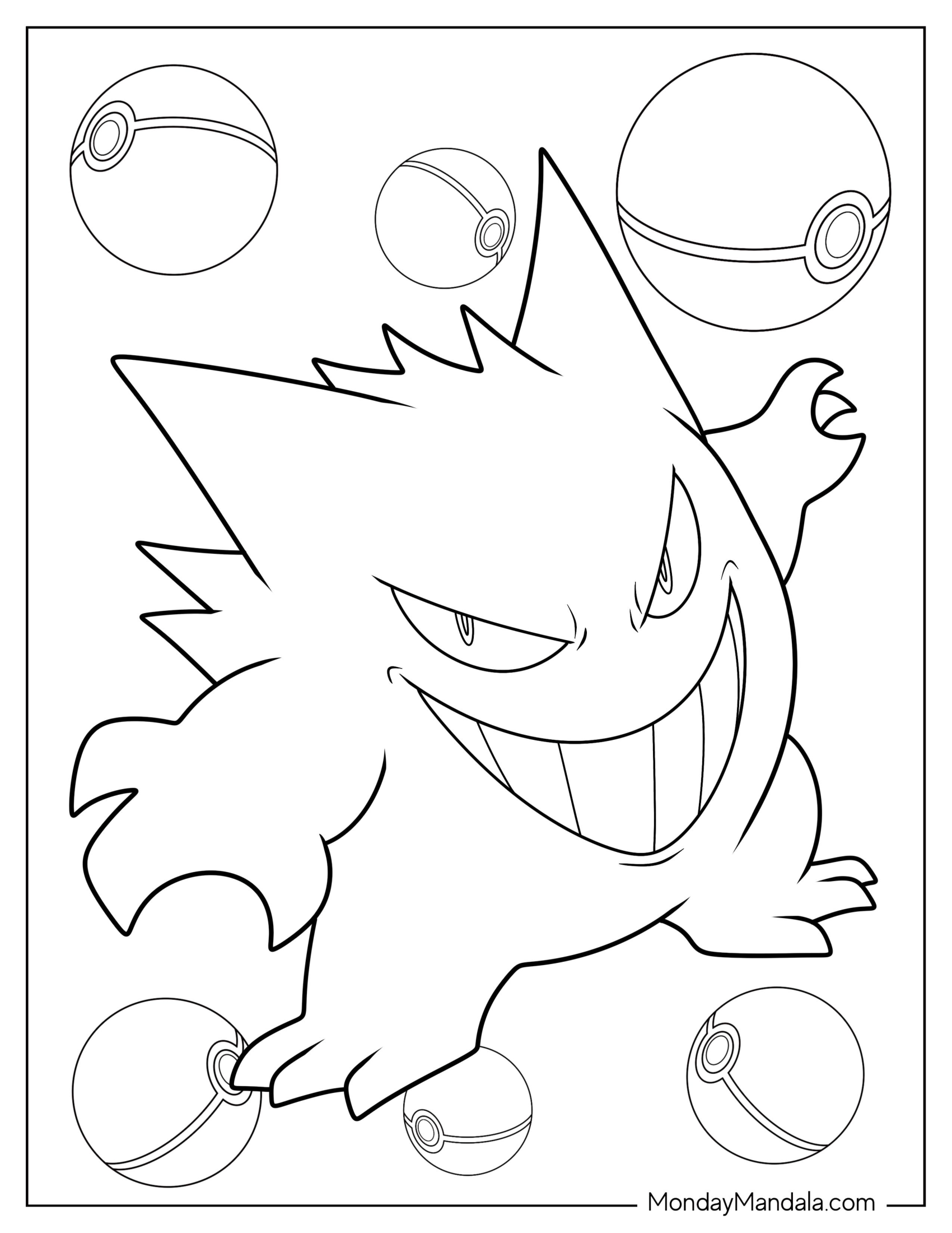 Grinnning Gengar Coloring Page With Pokeballs