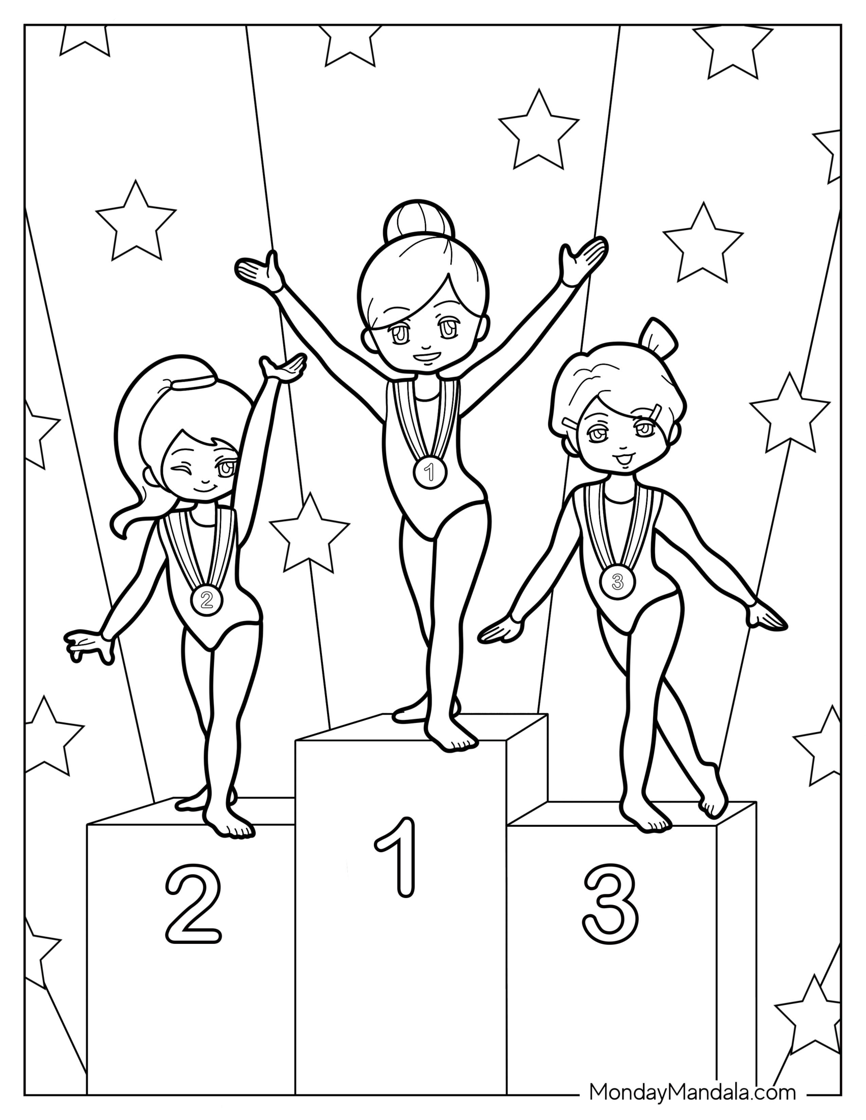 Gymnastics Coloring Page Of Cartoon Gymnasts Award Ceremony