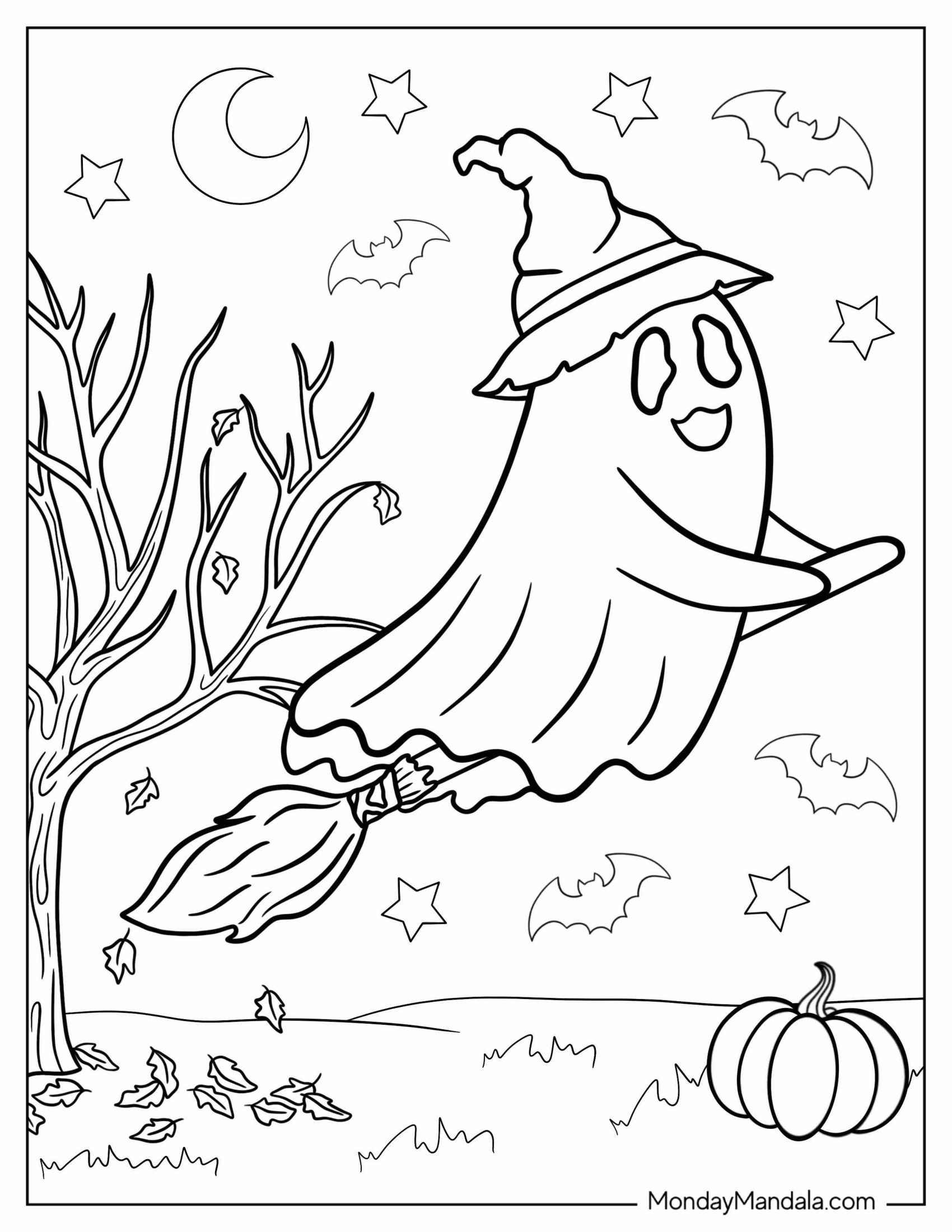 Halloween Ghost On Broom In Autumn Coloring Sheet