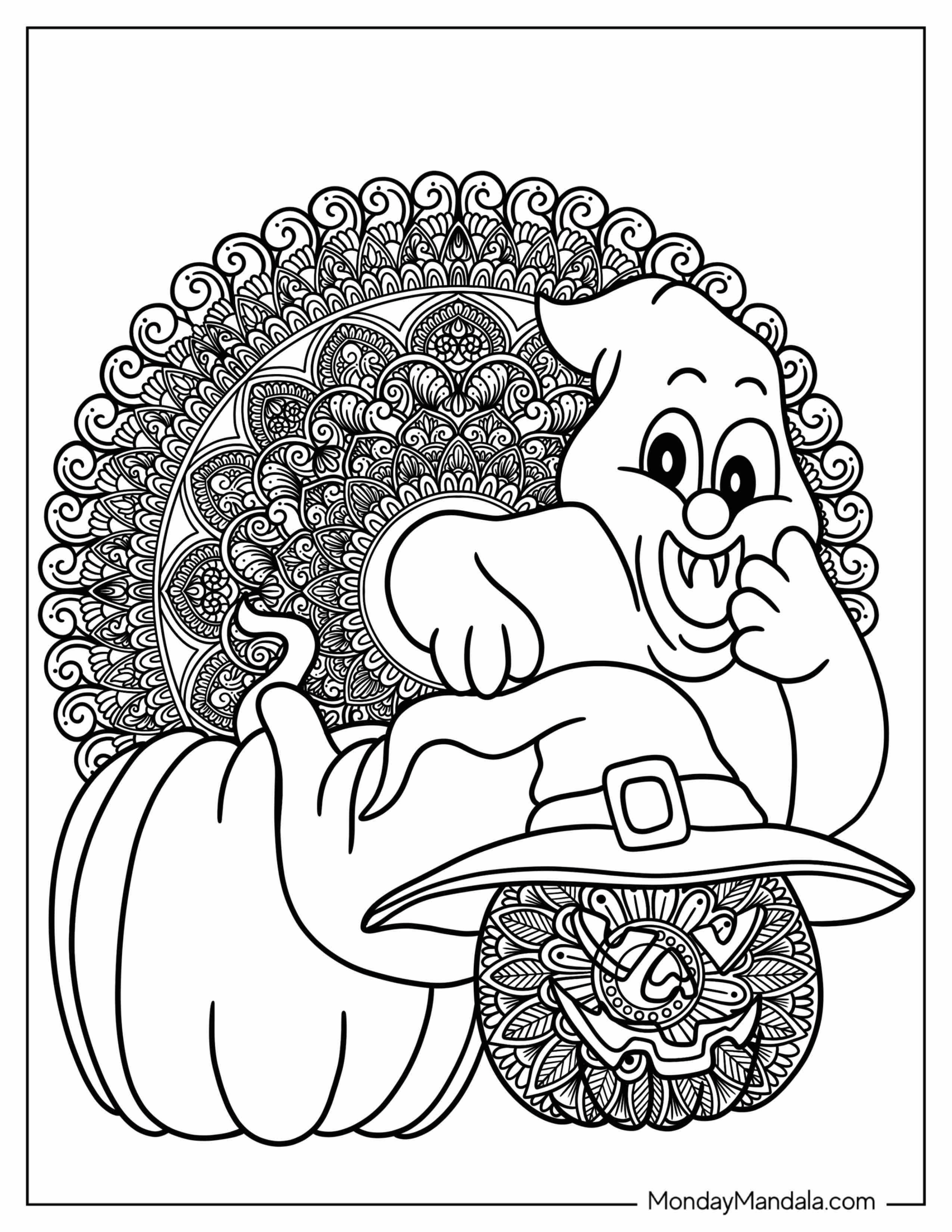 Halloween Mandala Coloring Page Of Ghost And Witch Hat