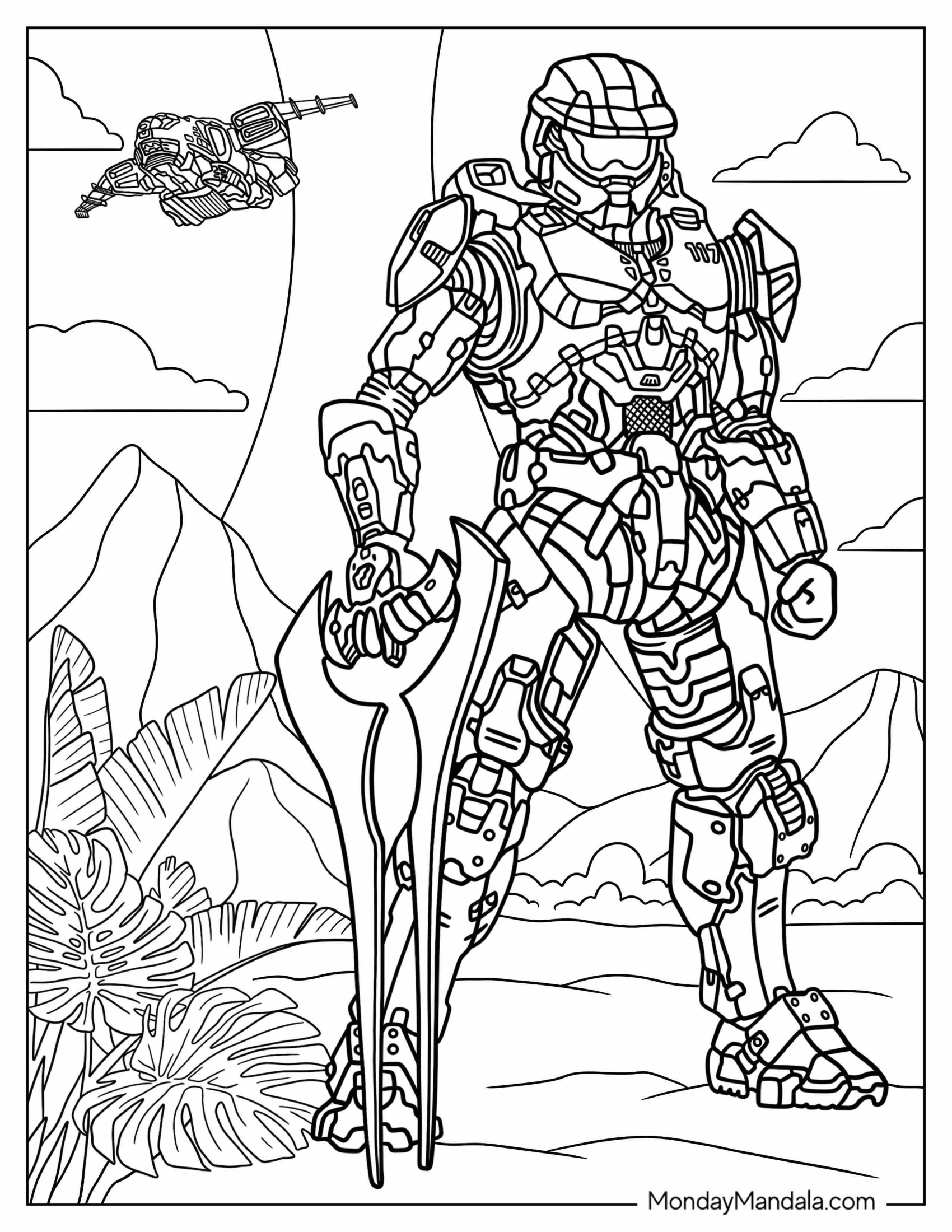 Halo Coloring Page Of Master Chief John 117 Holding Energy Sword