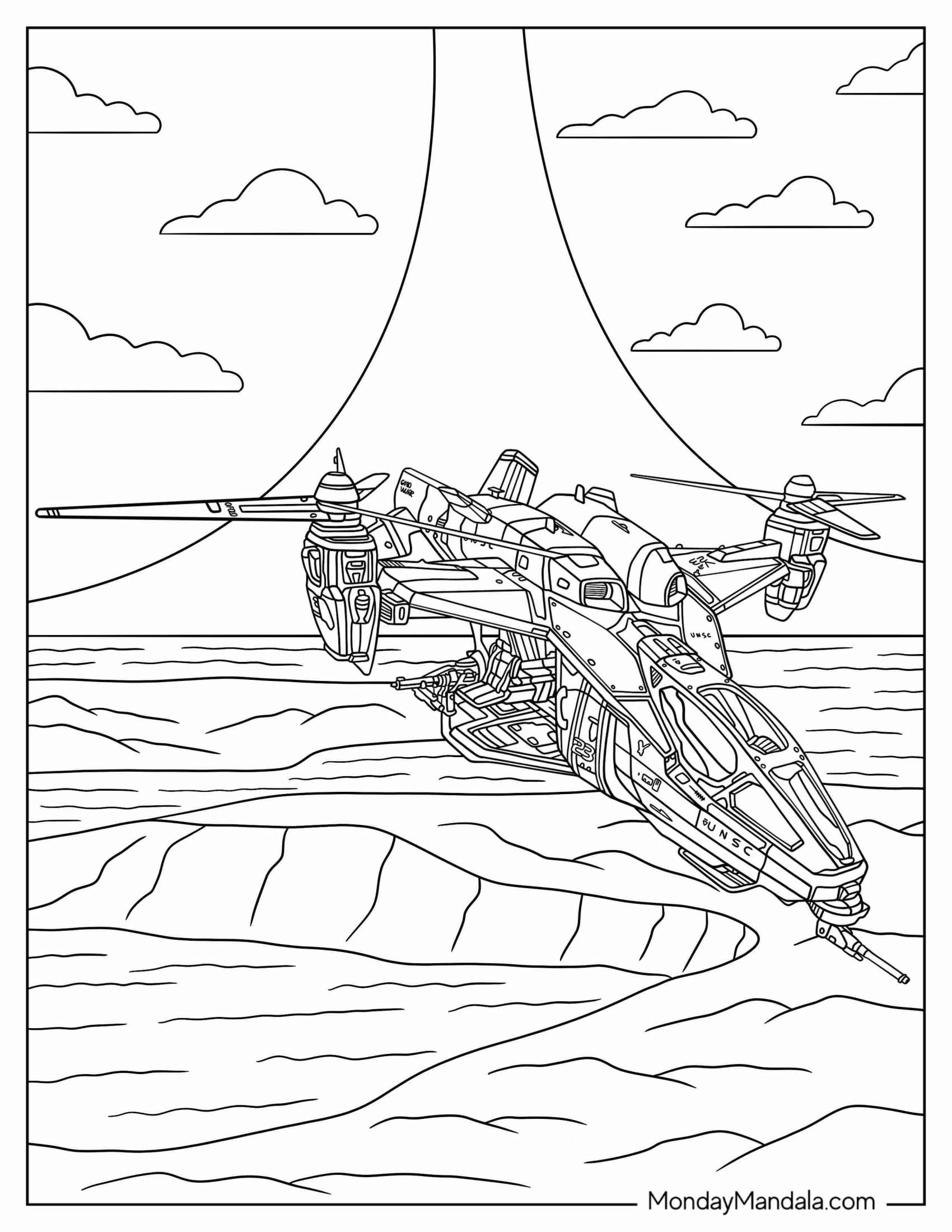 Halo Coloring Page Of UH 144 Falcon Flying Over Sea