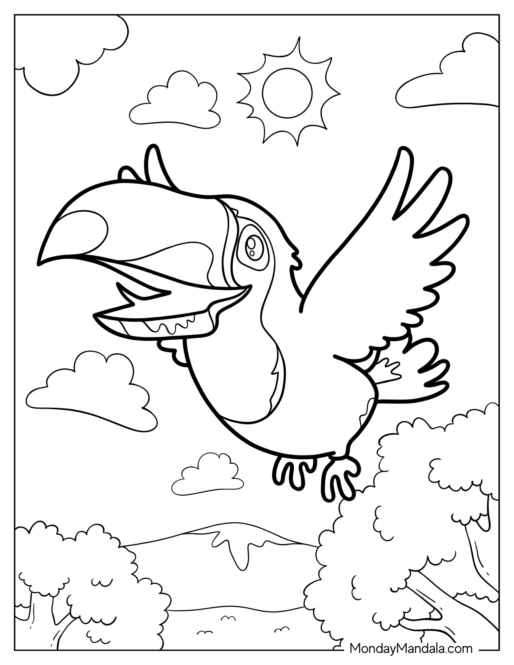 Happy Cartoon Toucan Coloring Page Flying For Preschoolers