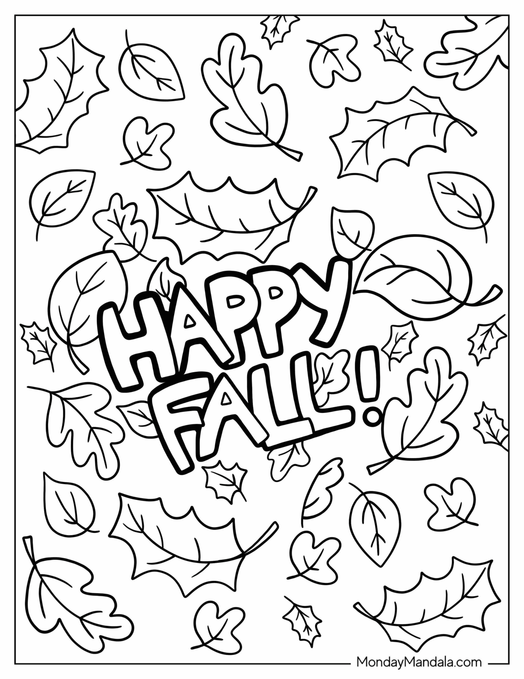 Happy Fall Words In Middle Of Autumn Leaves Coloring Sheet