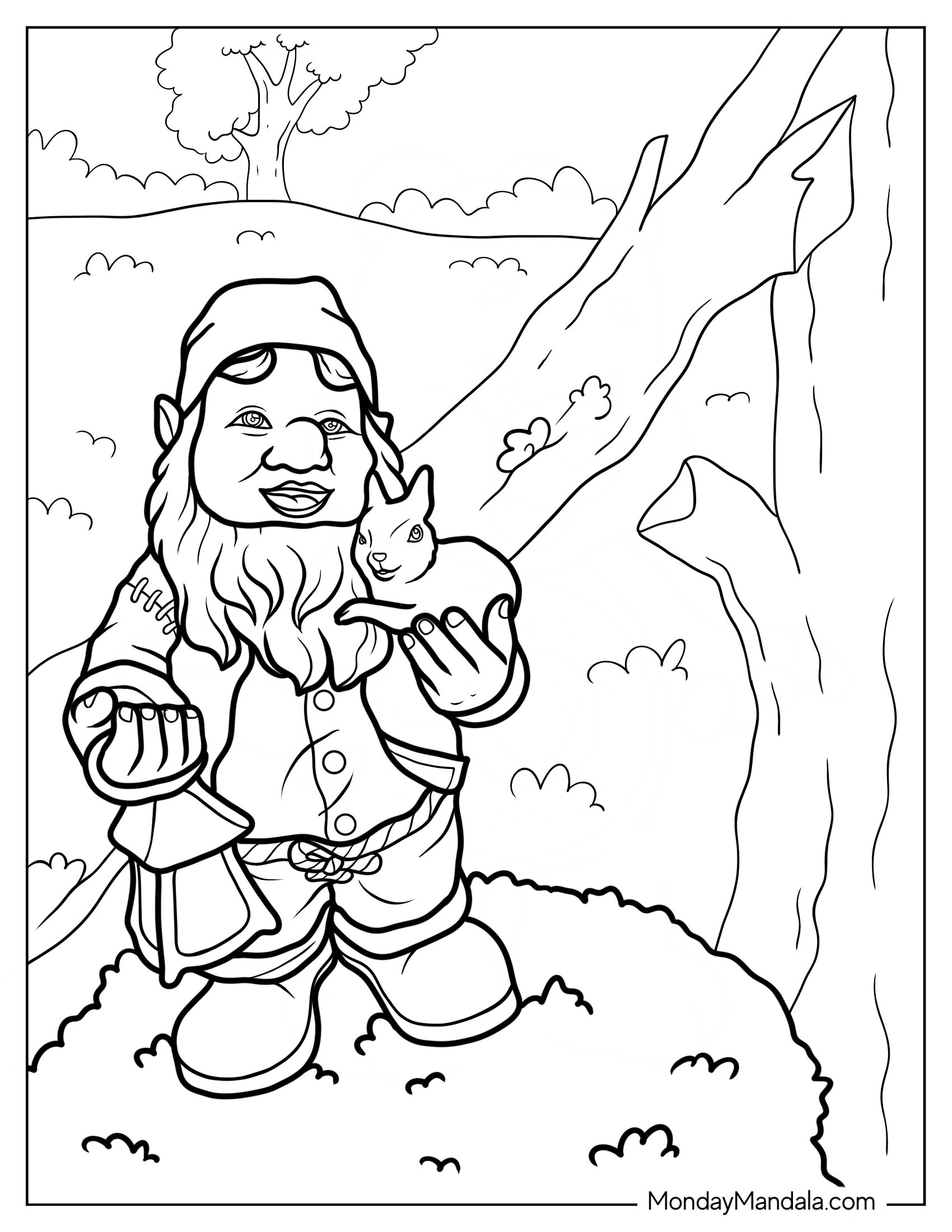 Happy Gnome Coloring Page Holding Lamp And Rabbit Beside Tree