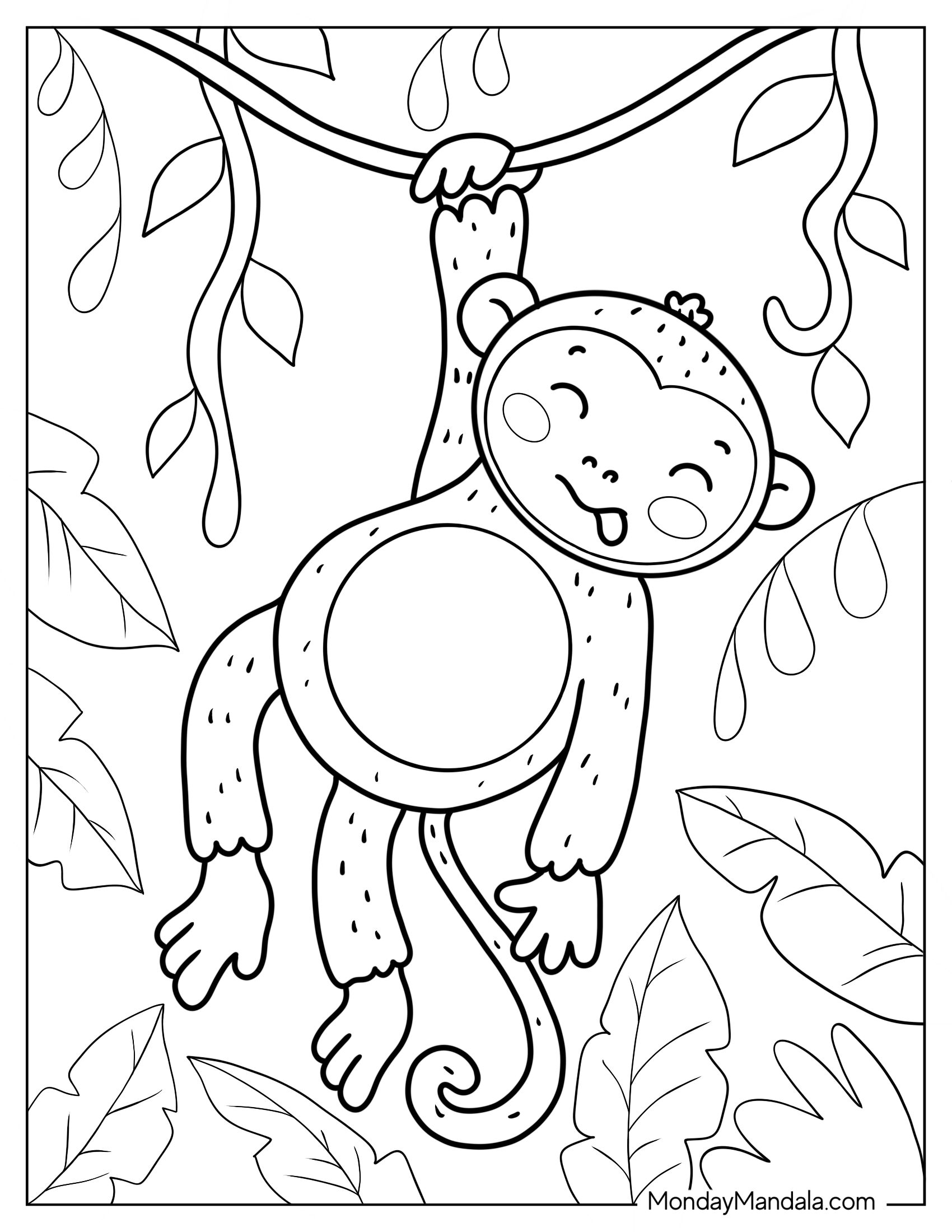 Happy Monkey Coloring Page Hanging From Vine