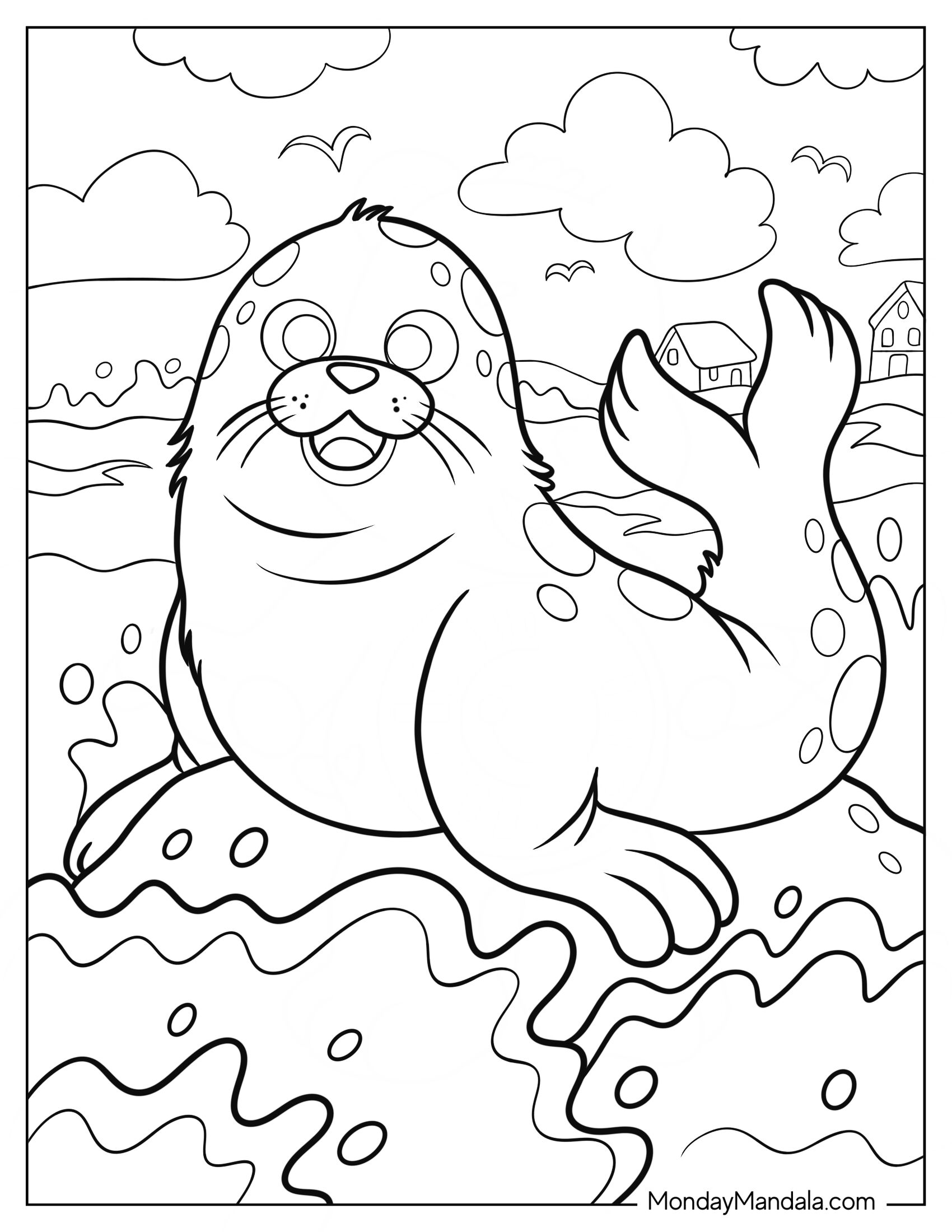 Happy Seal Coloring Page On A Rock For Kids