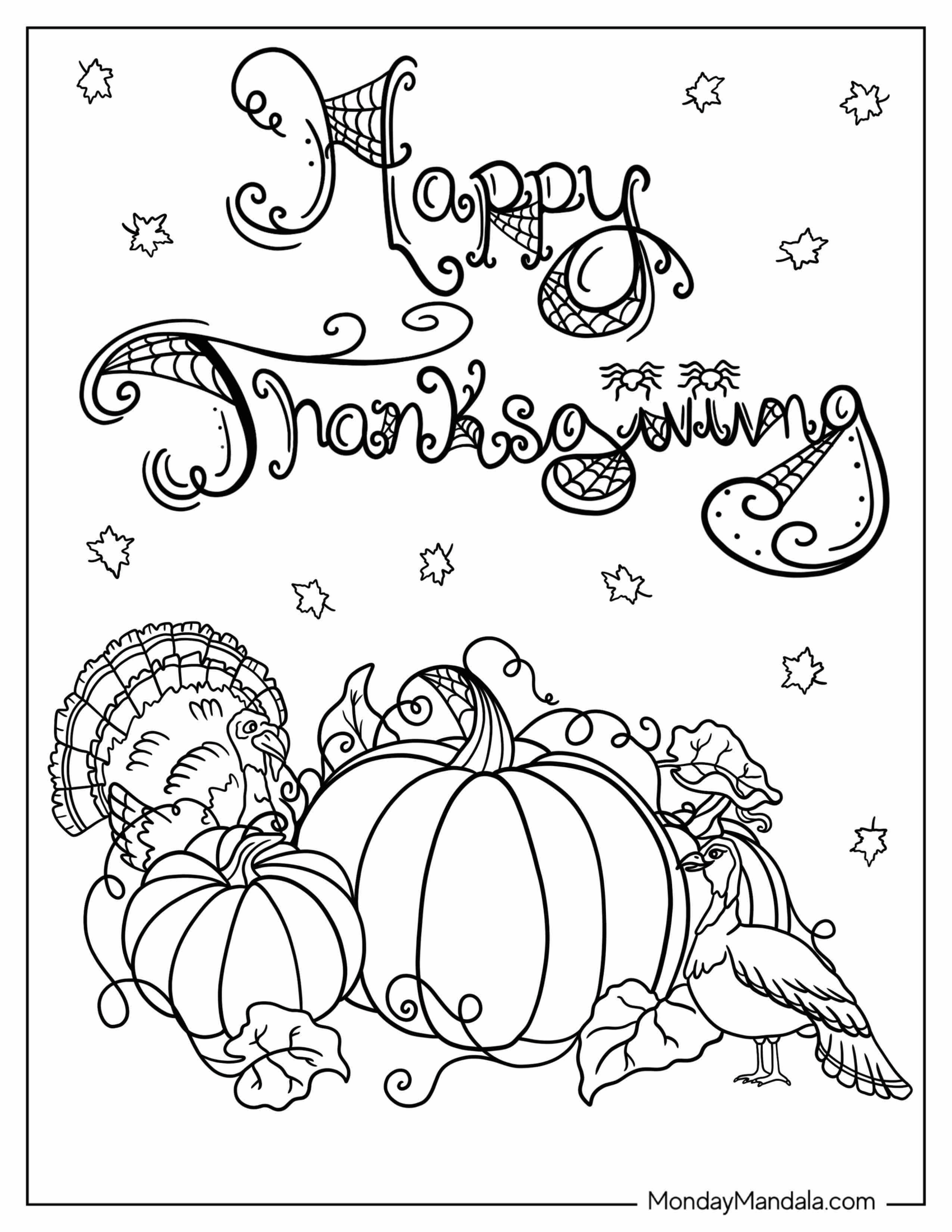 Happy Thanksgiving With Turkeys And Pumpkins Coloring Sheet