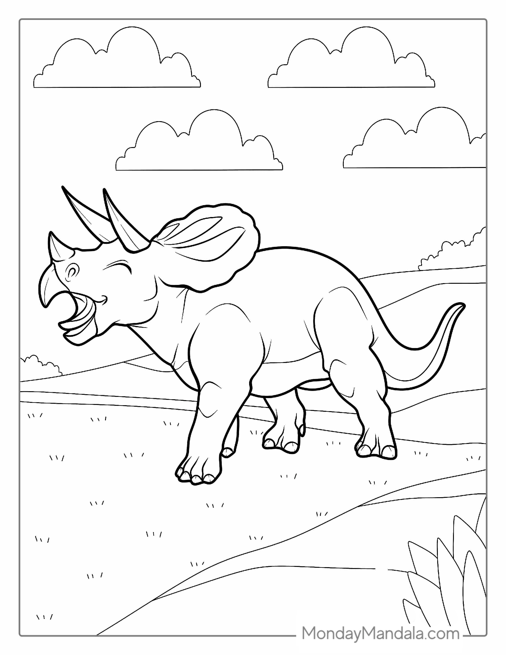 Happy Triceratops Walking In Field To Color