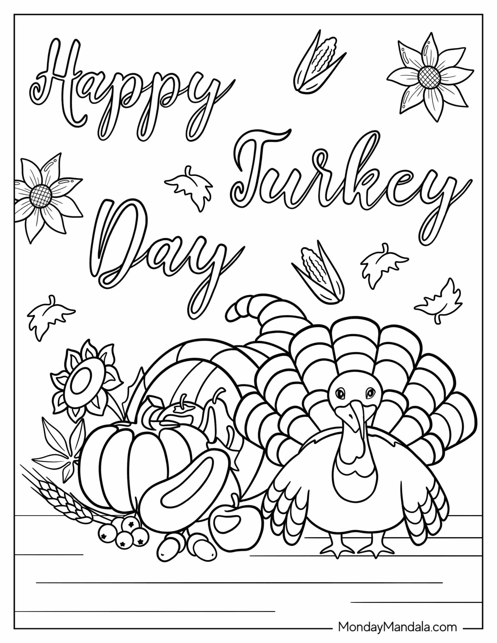 Happy Turkey Day Coloring Page For Kids