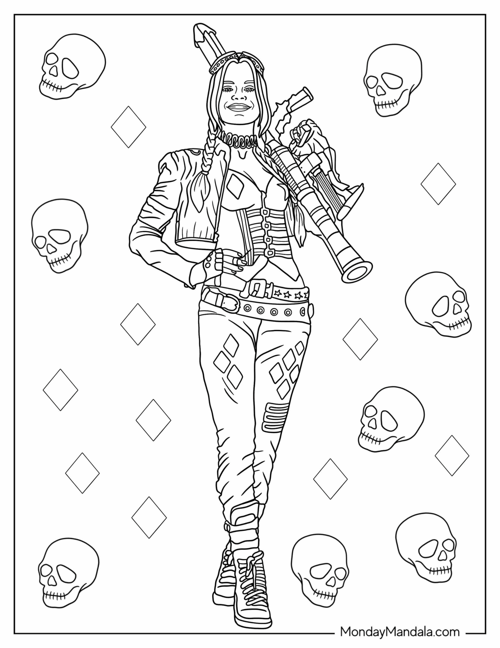 Harley Quinn Holding Weapon Coloring Sheet