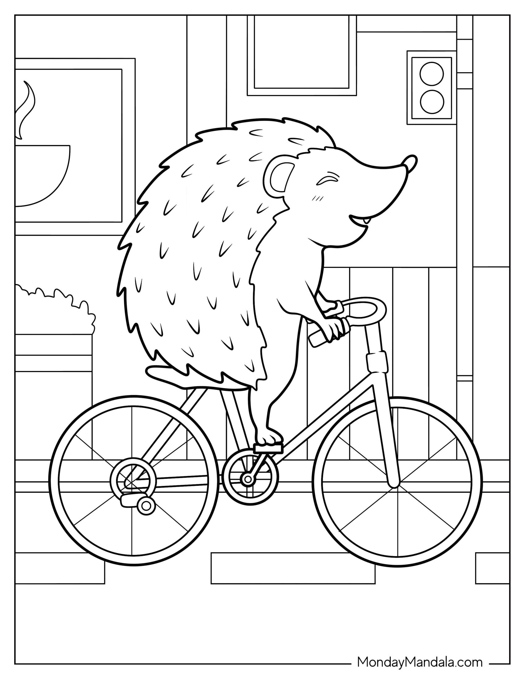 Hedgehog Coloring Page Riding Bicycle