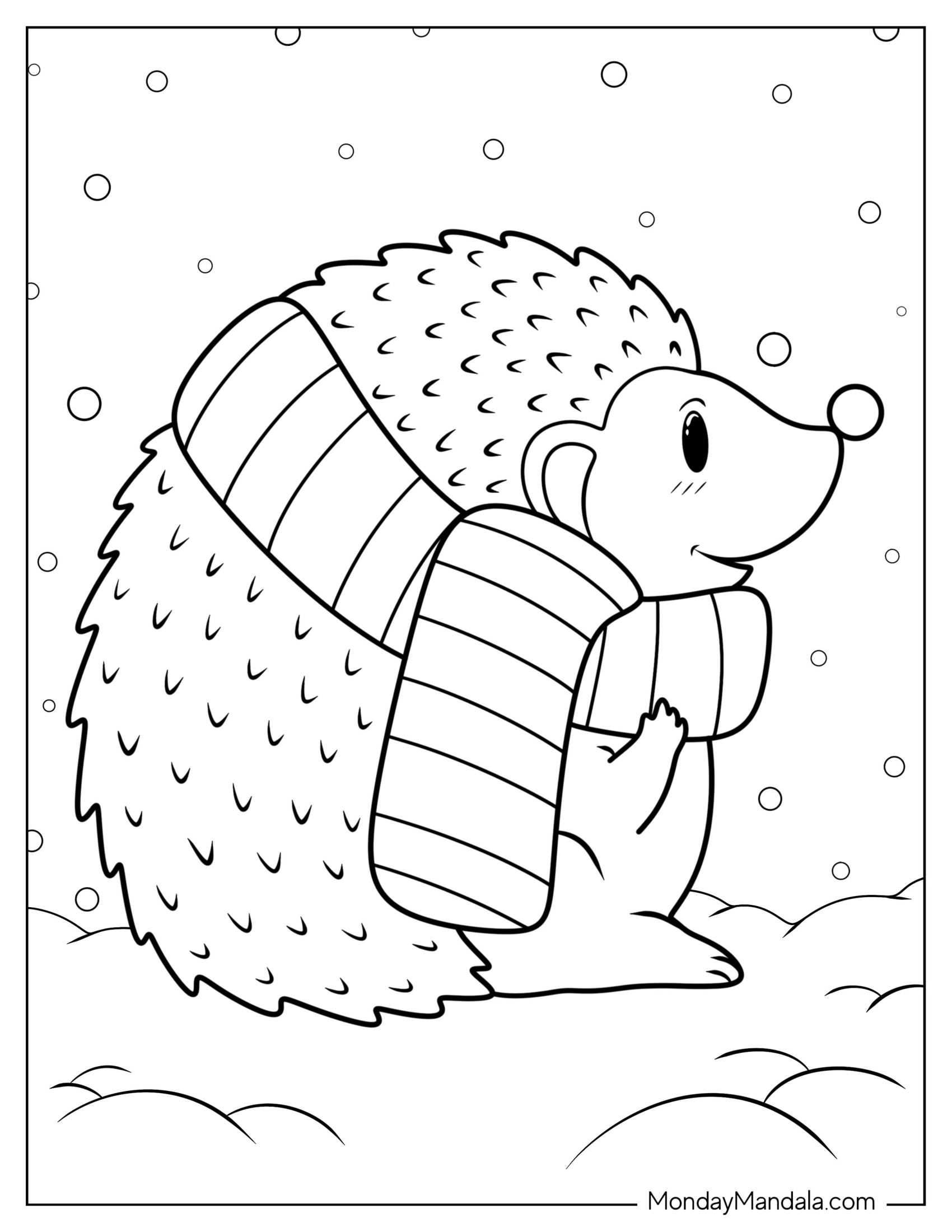 Hedgehog Coloring Page Wearing Scarf In Winter