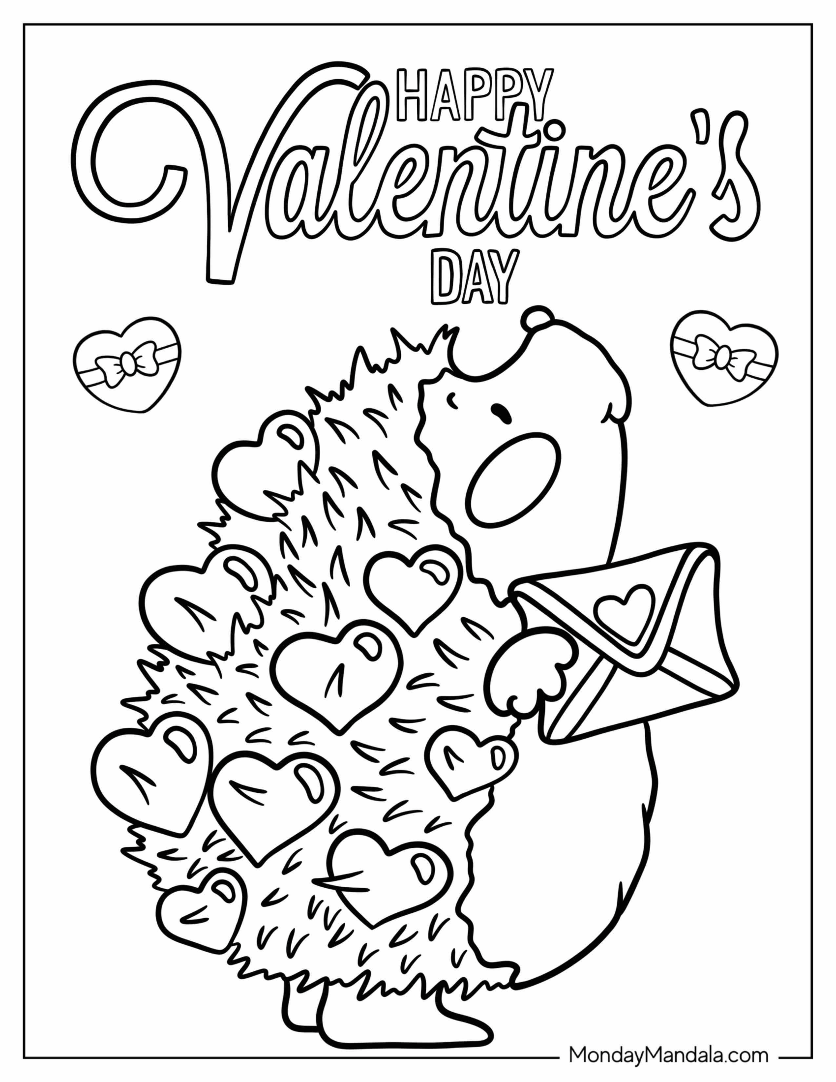 Hedgehog Covered In Hearts Valentine's Day Coloring Page