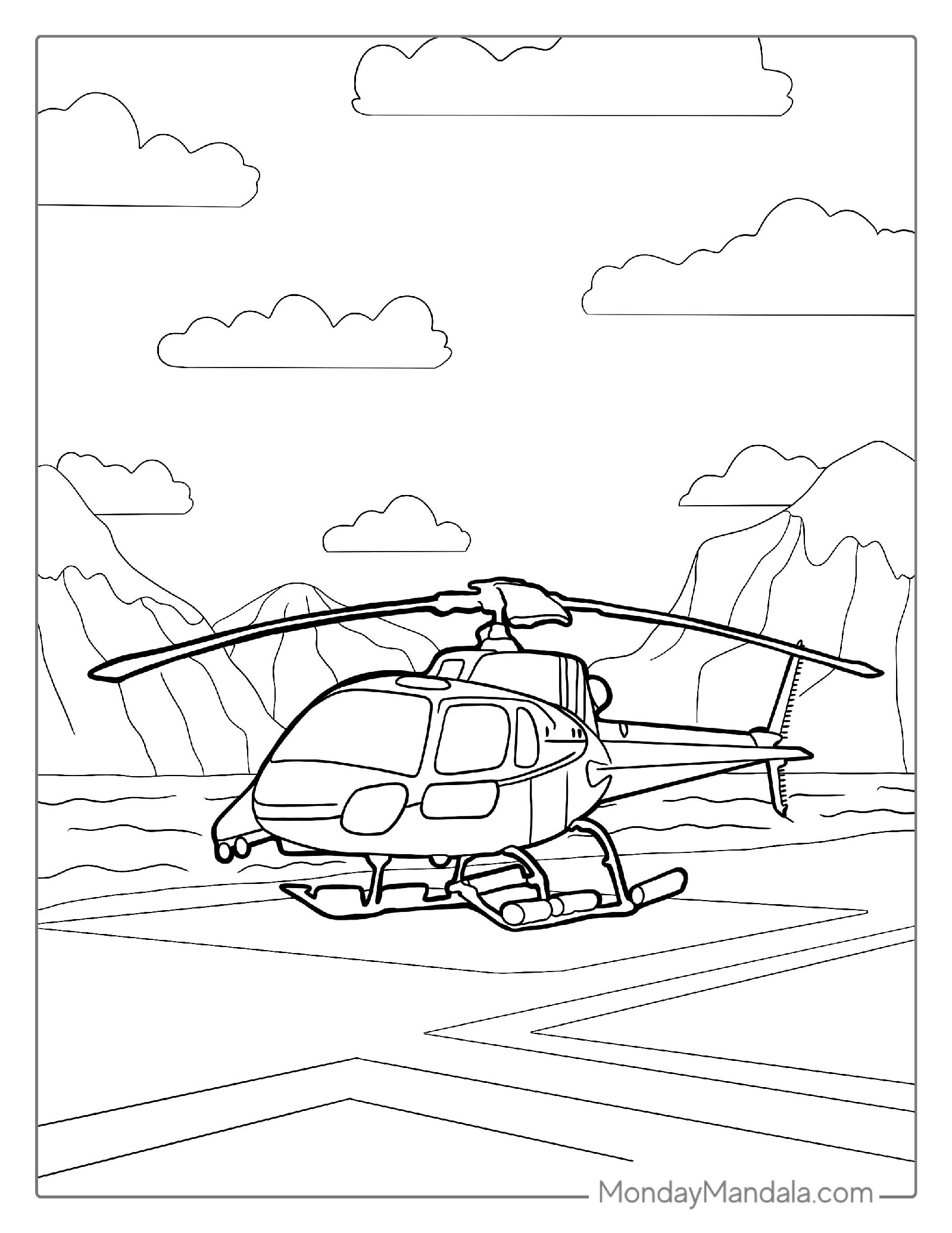 Helicopter Next To Mountains To Color