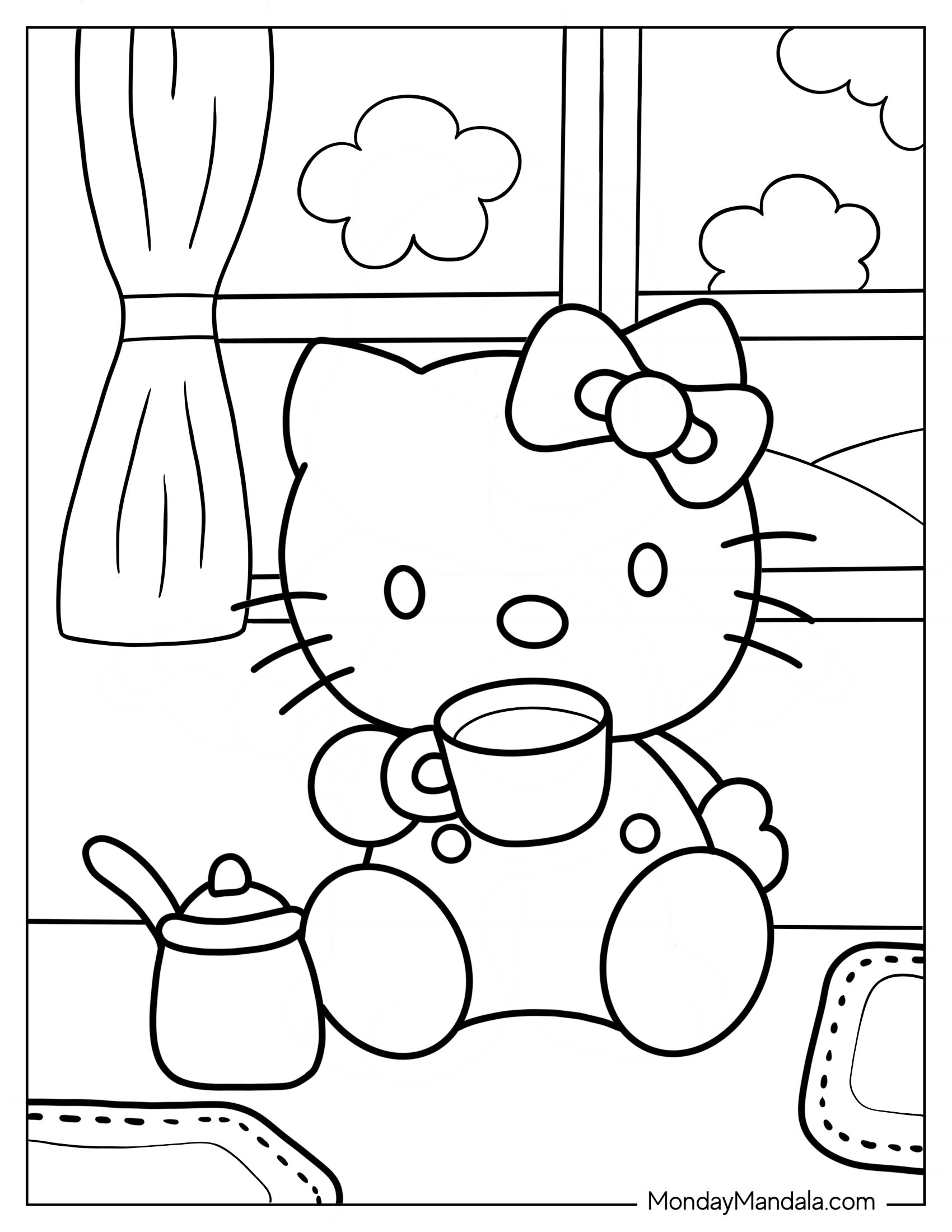 Hello Kitty Drinking Coffee Coloring Page