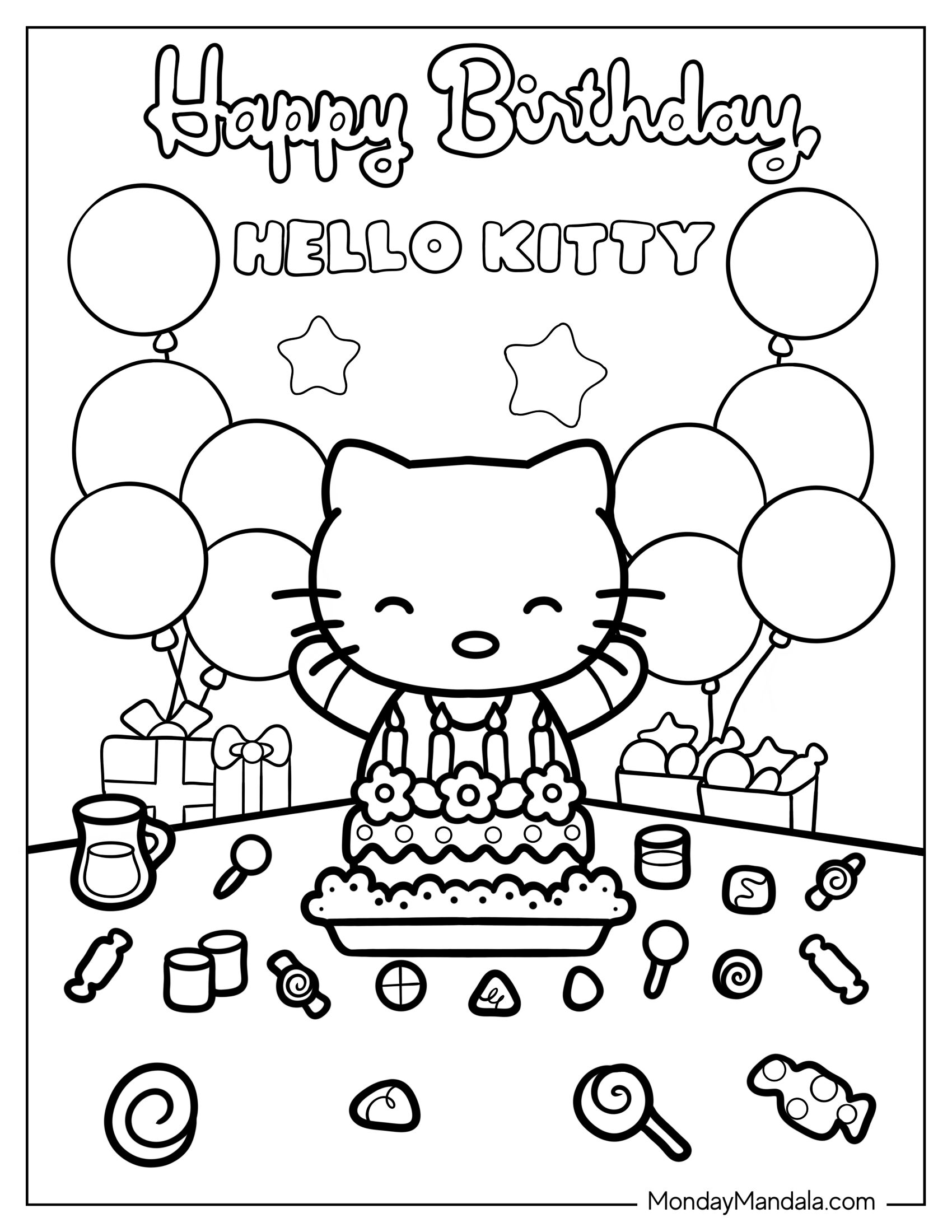 Hello Kitty Happy Birthday Greeting Coloring In