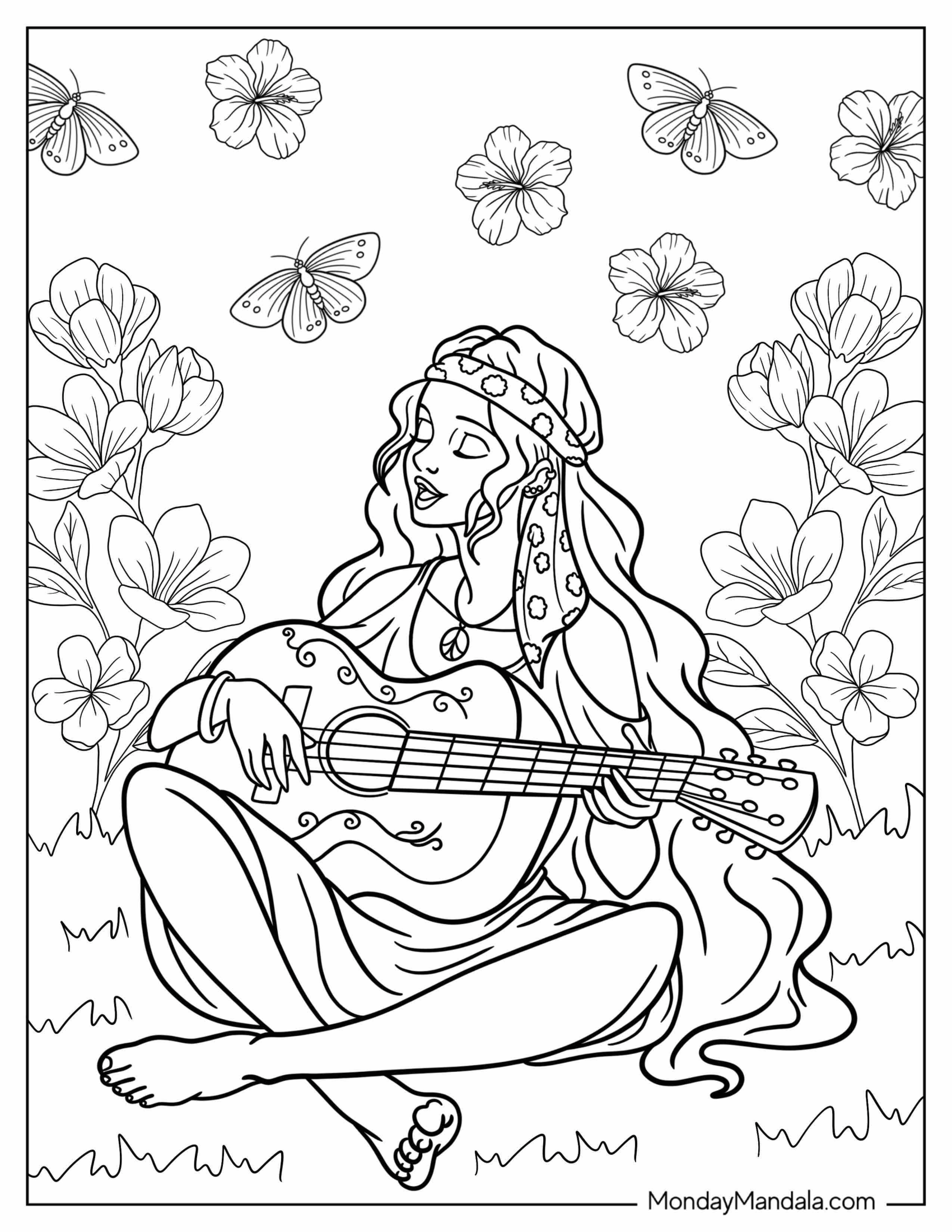 Hippie Coloring Page Of Girl Singing And Playing Guitar In Nature