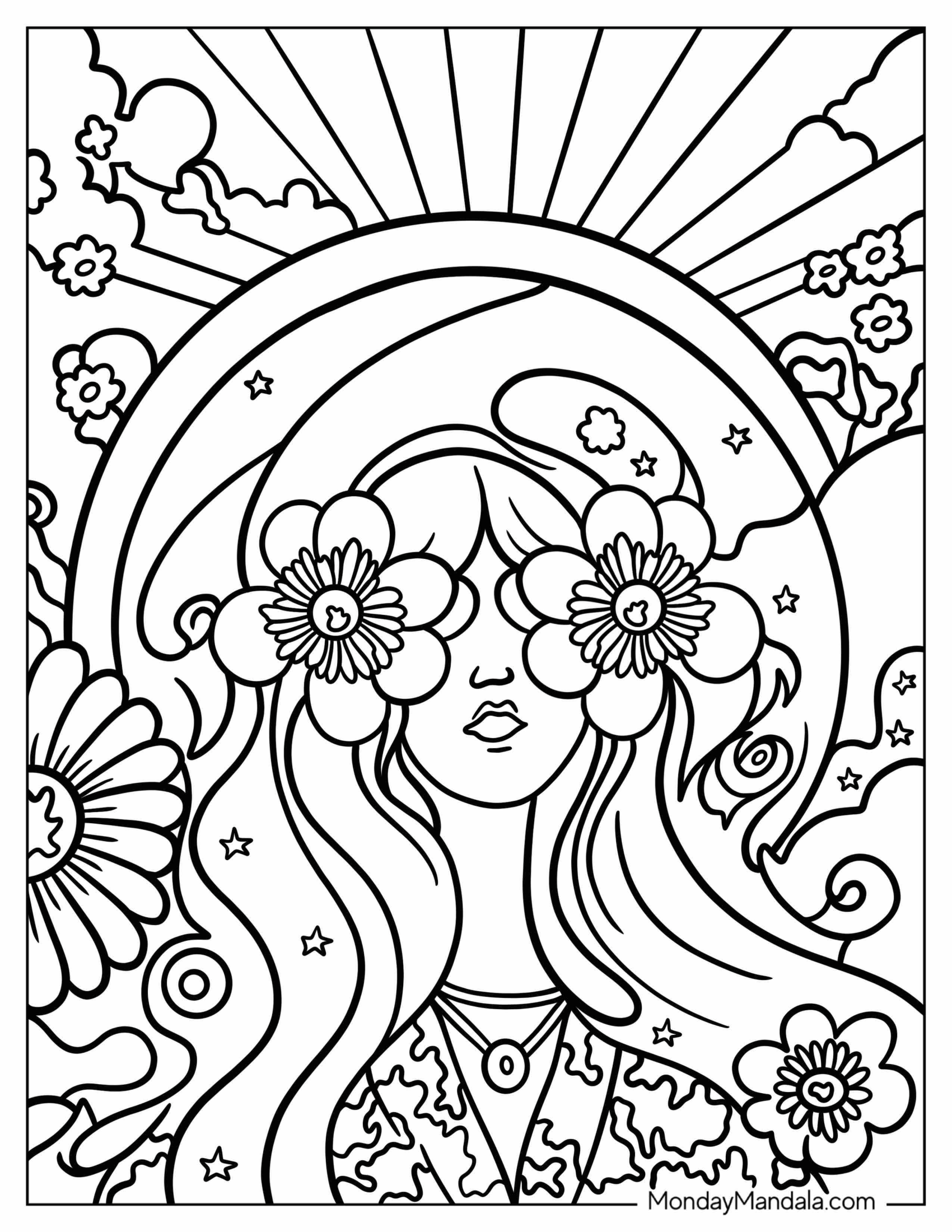 Hippie Coloring Page Of Girl With Flower Eyes