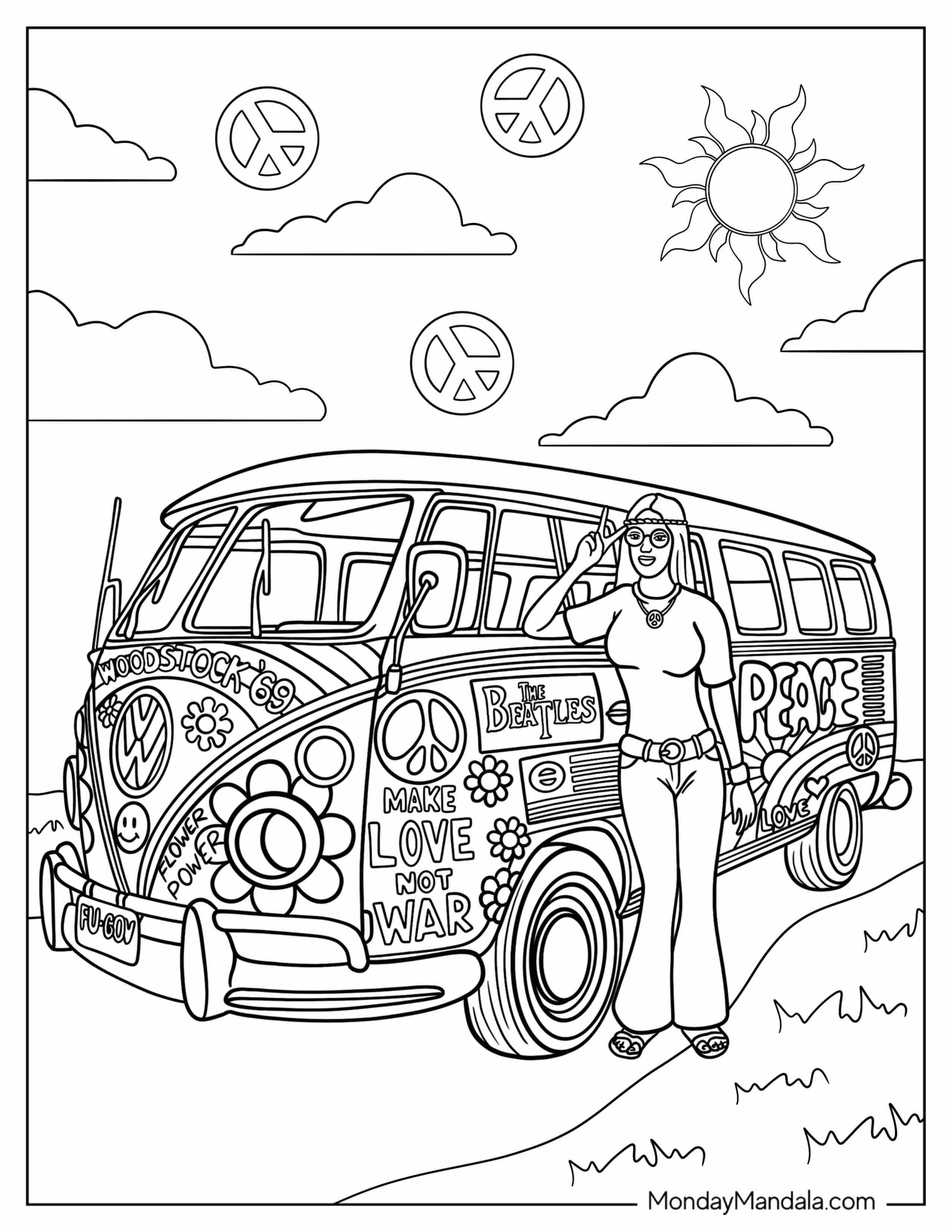 Hippie Coloring Page Of Girl With Parked Van And Peace Logos In Sky