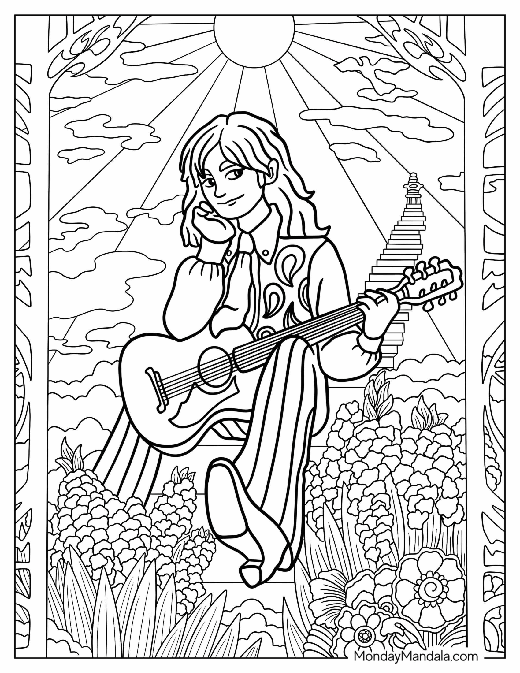 Hippie Coloring Page Of Man Holding Guitar With Stairway To Heaven In Background