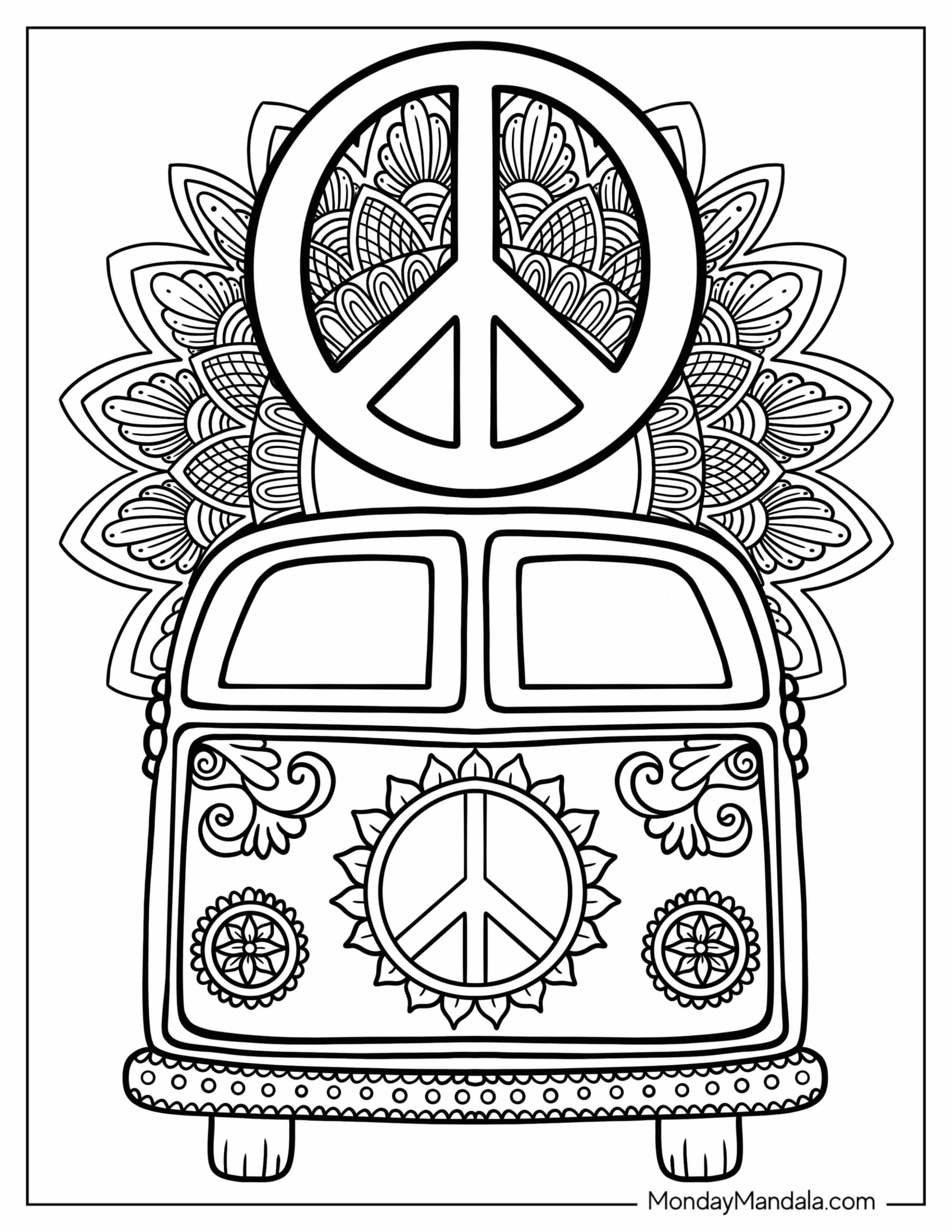 Hippie Coloring Page Of Van With Peace Symbol And Flower Mandala In Background