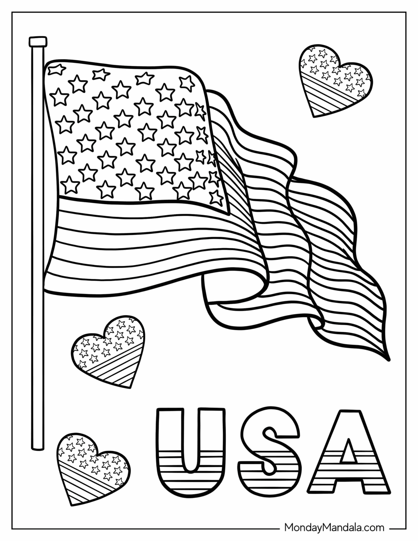 I Love USA With American Flag To Color