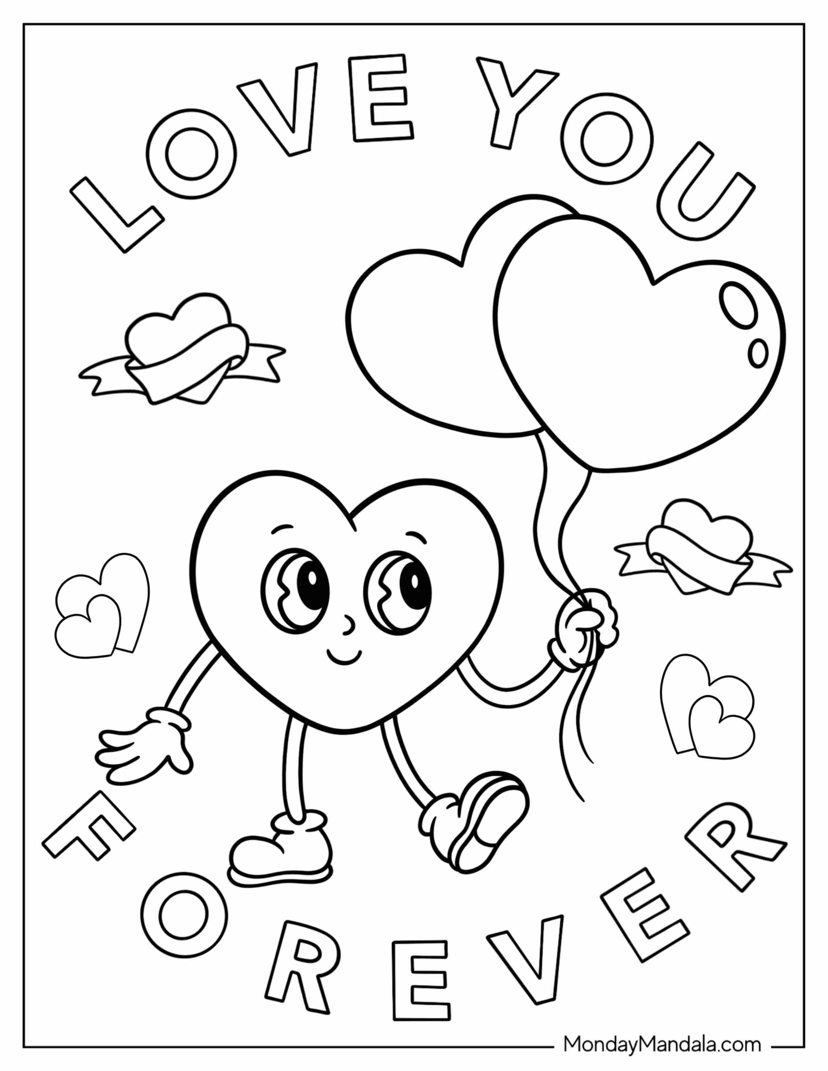 I Love You Forever With Cartoon Heart Holding Balloons Valentine's Day Coloring Page