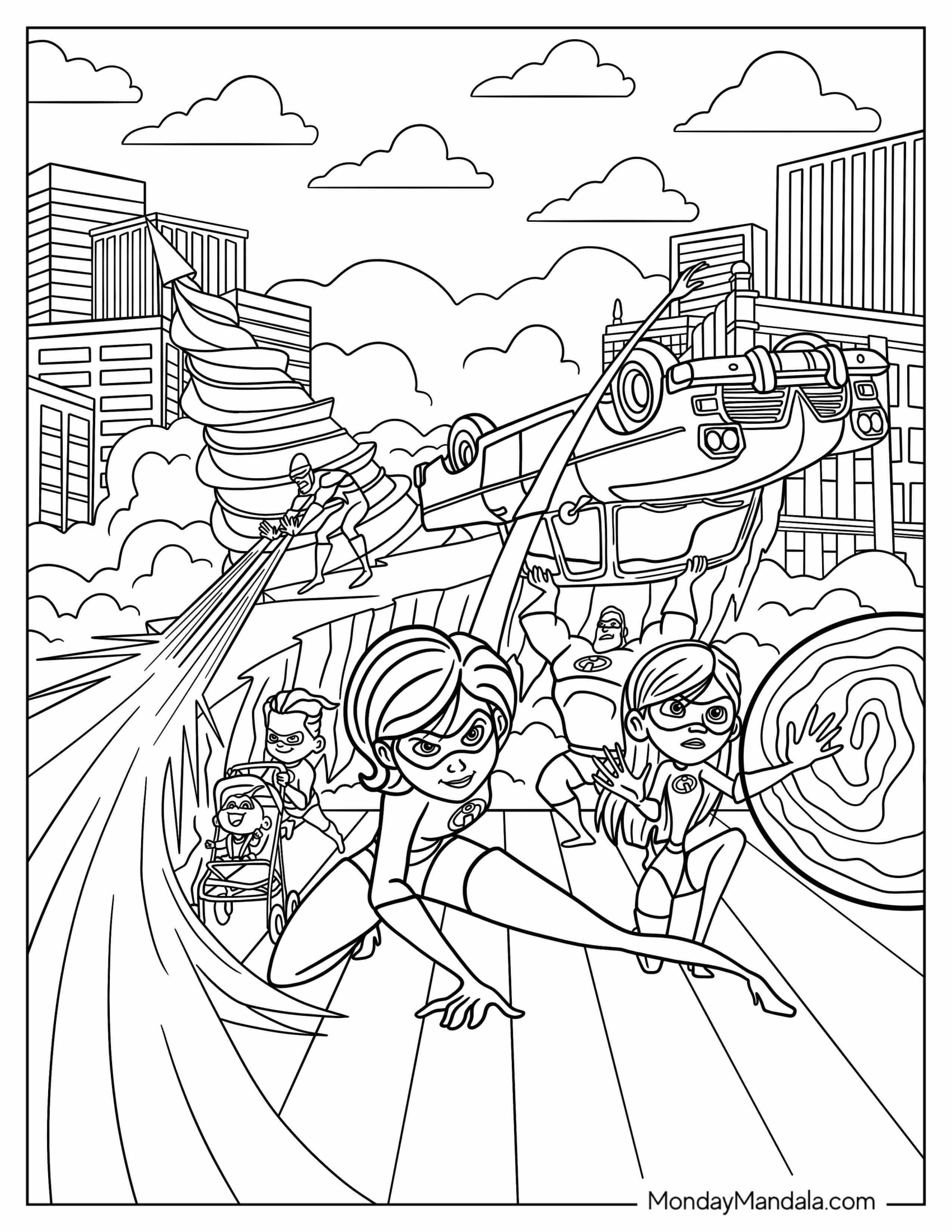 Incredibles Coloring Page Elastigirl, Violet, Dash, Jack Jack, Mr. Incredible, Frozone Fighting Villain