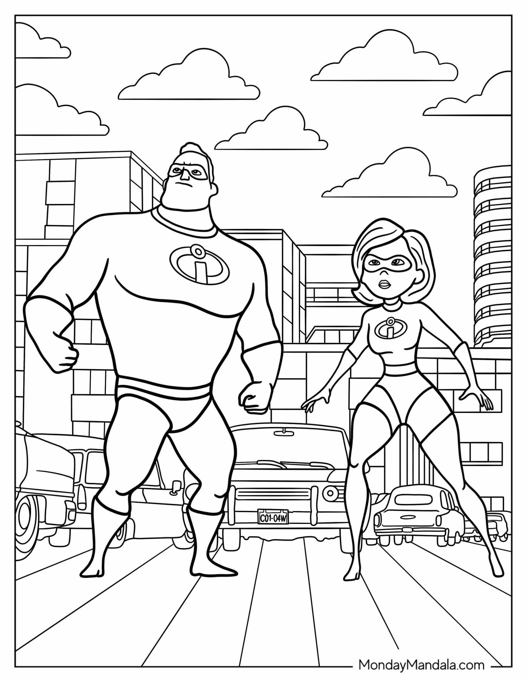 Incredibles Coloring Page Of Easy Mr. Incredibles And Elastigirl Fighting In City