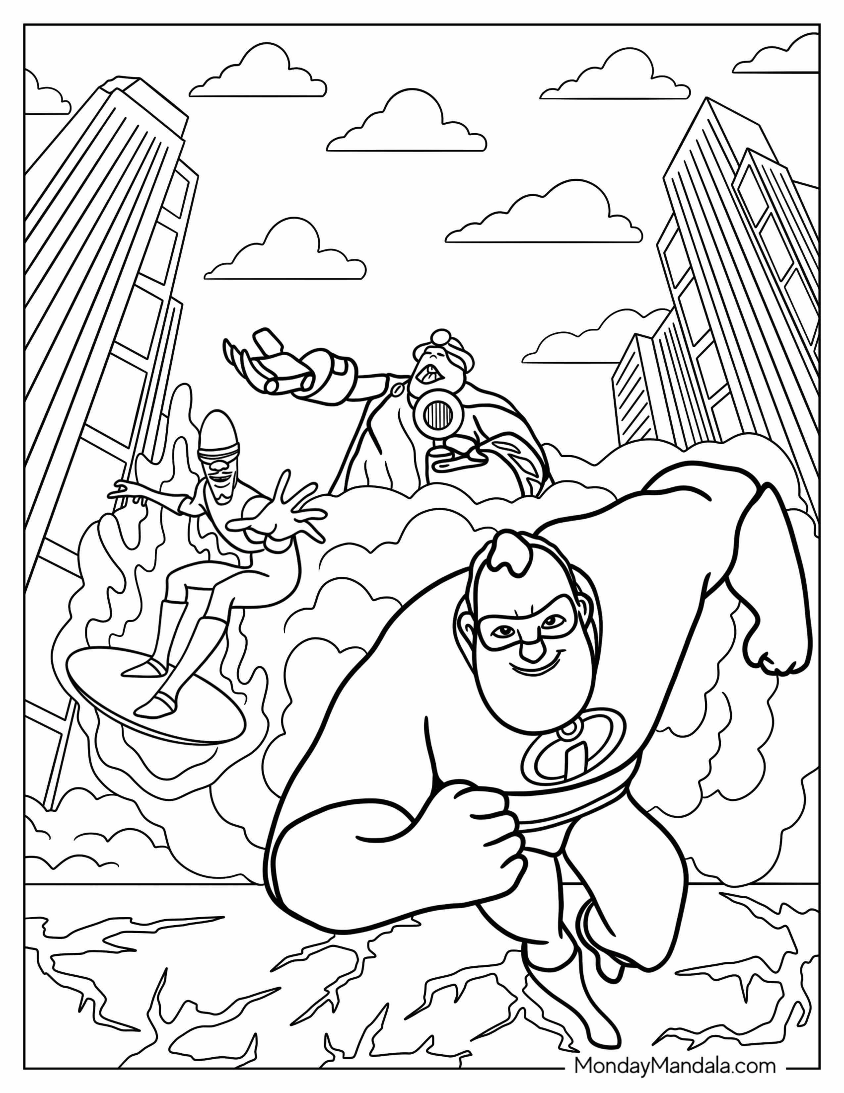 Incredibles Coloring Page Of Mr. Incredible, Frozone, And The Underminer