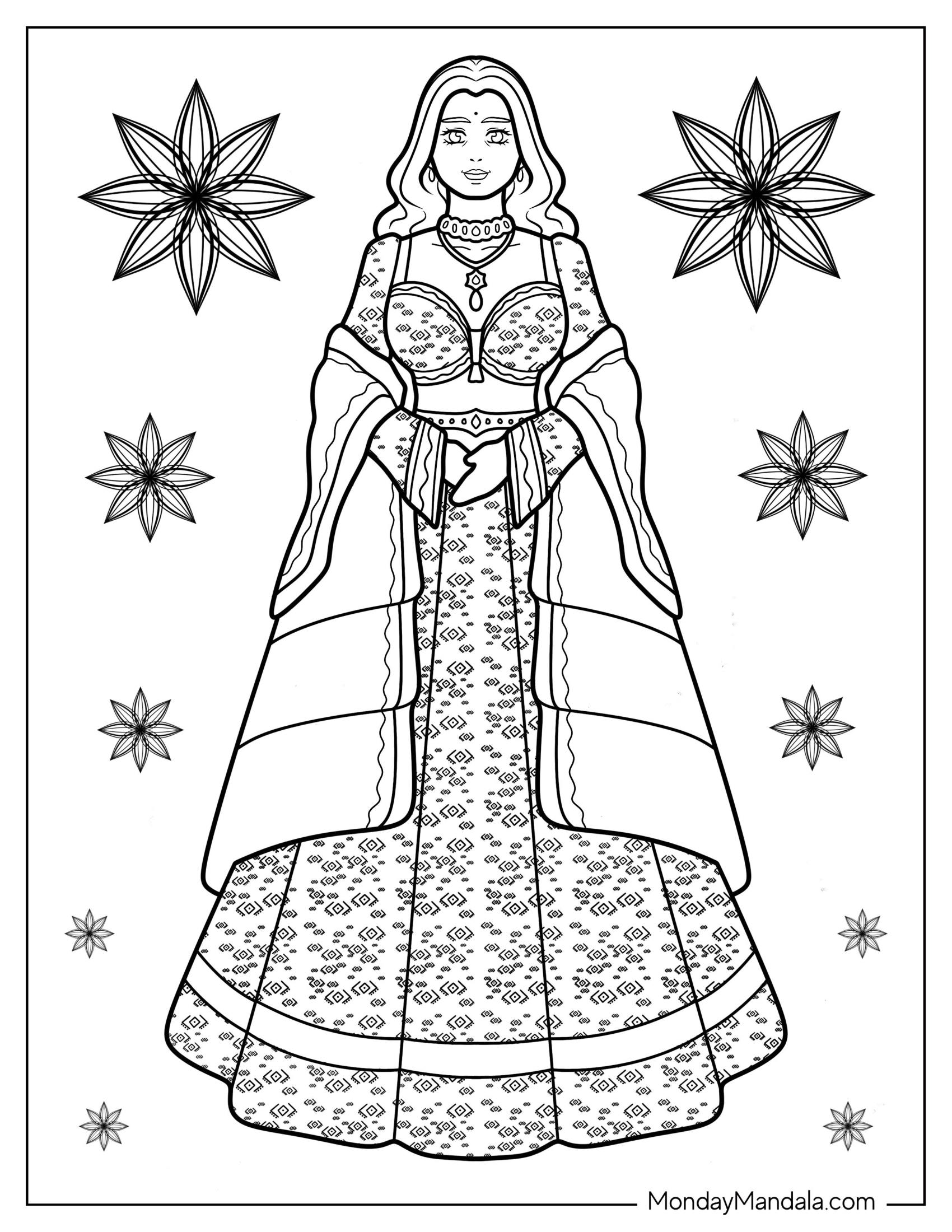 Indian Woman Wearing Elegant Sari Dress Coloring Page