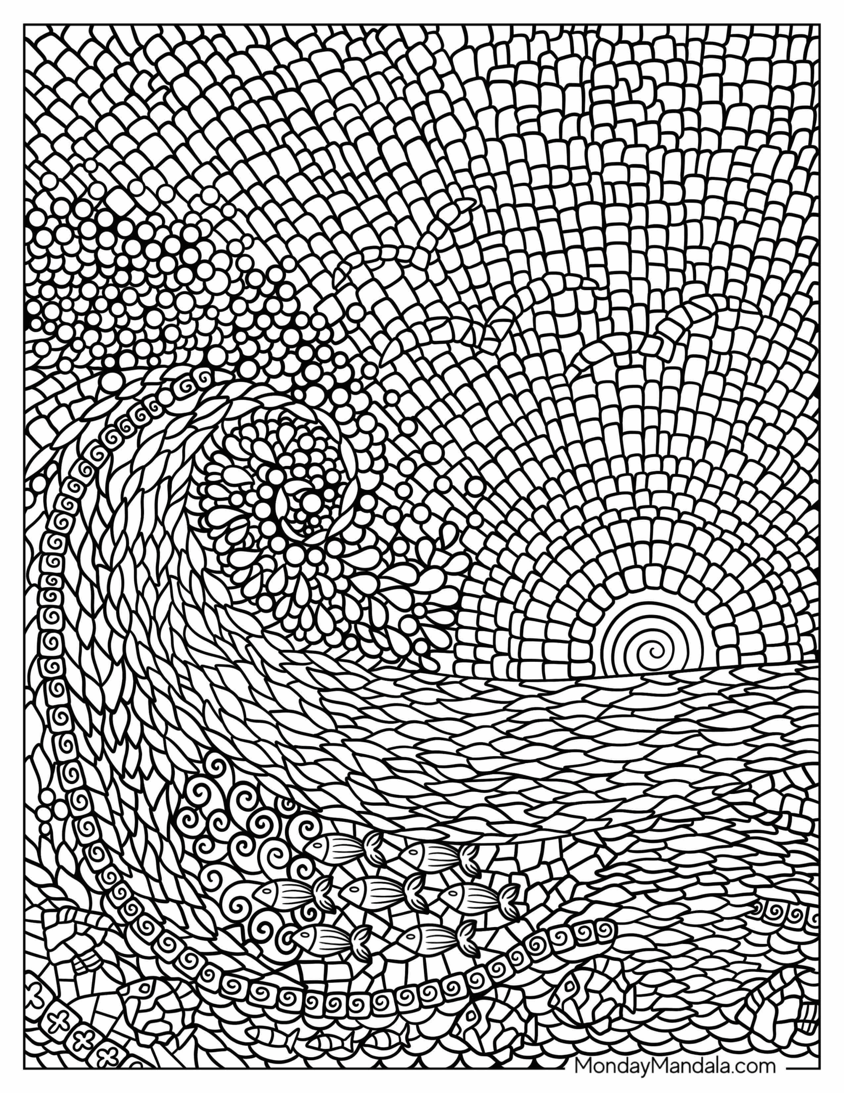 Intricate Waves, Birds, And Sunset Mosaic Coloring Page