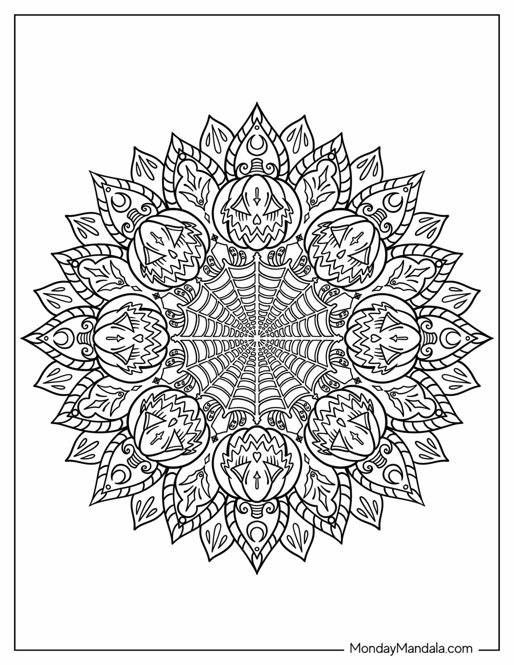 Jack O Lantern And Cobweb Halloween Mandala Coloring Page