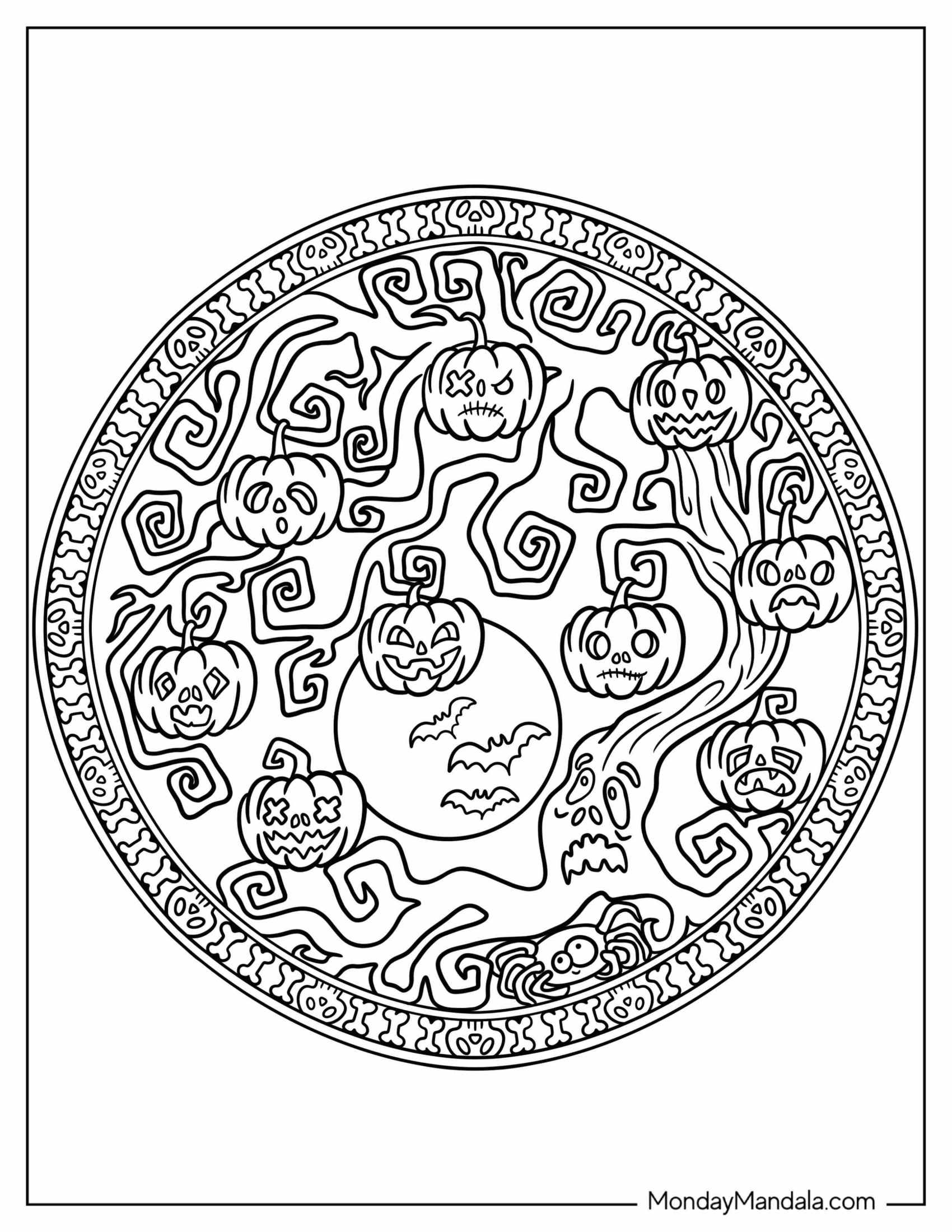 Jack O Lantern With Full Moon Halloween Mandala Coloring Page