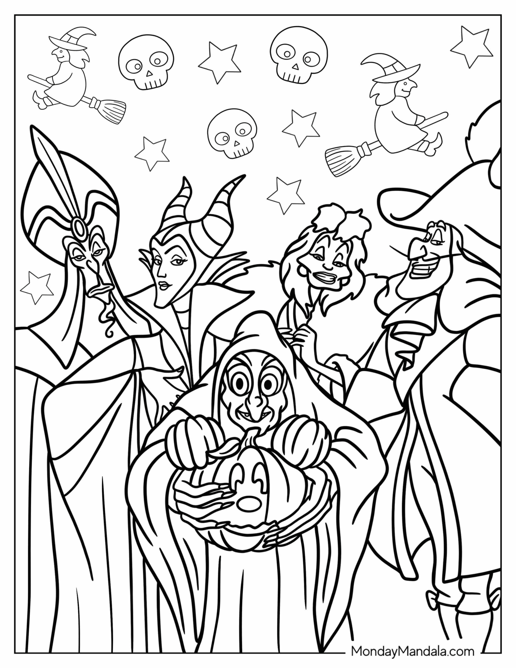 Jafar, Maleficent, Queen Grimhilde, Cruella, And Captain James Hook Disney Halloween Coloring Page