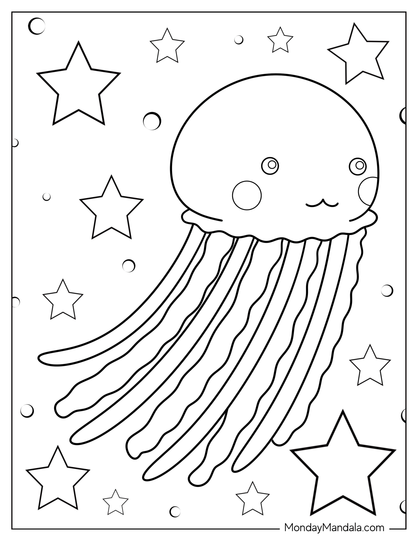 Jellyfish Coloring Page With Long Tentacles For Kids