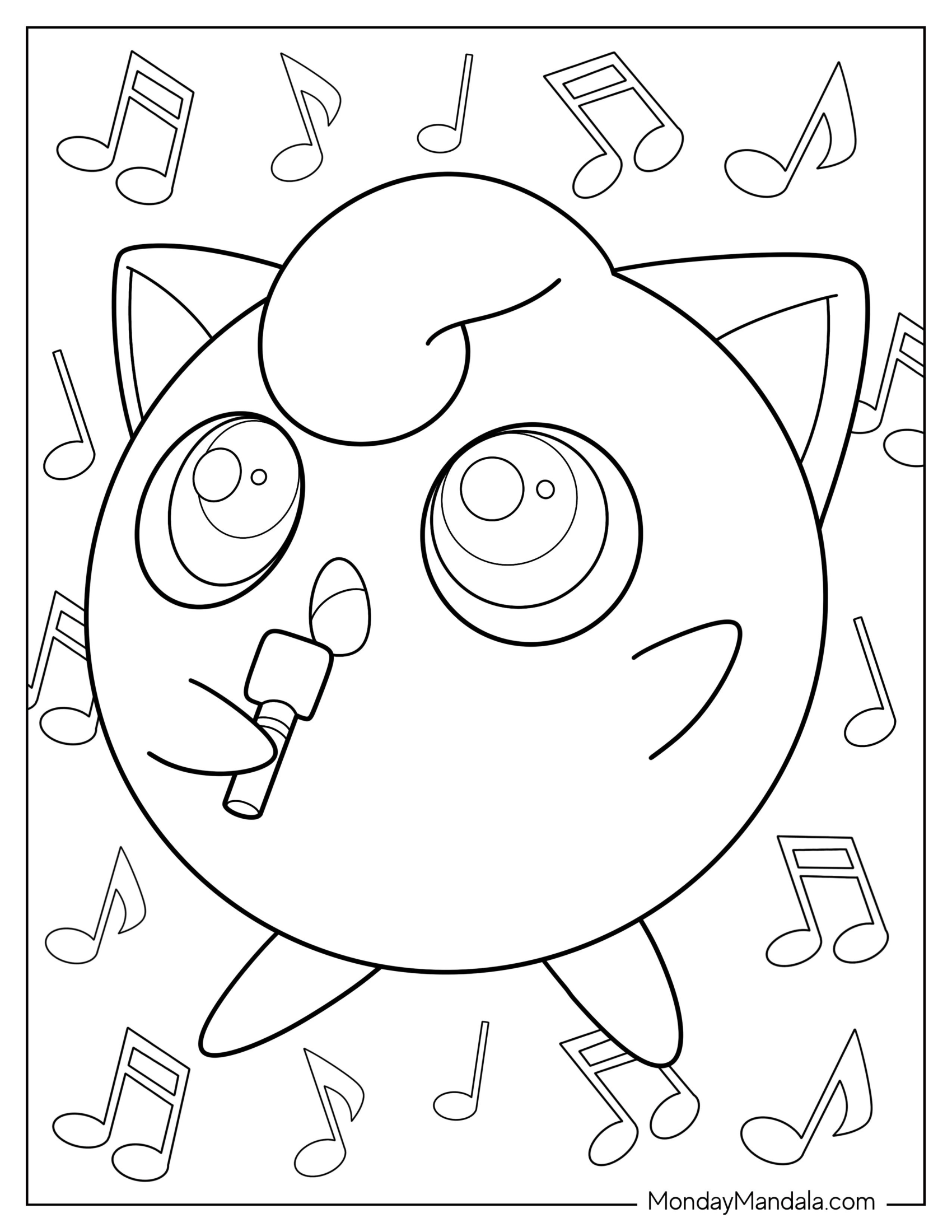 Jigglypuff Coloring Page Holding Small Microphone While Singing