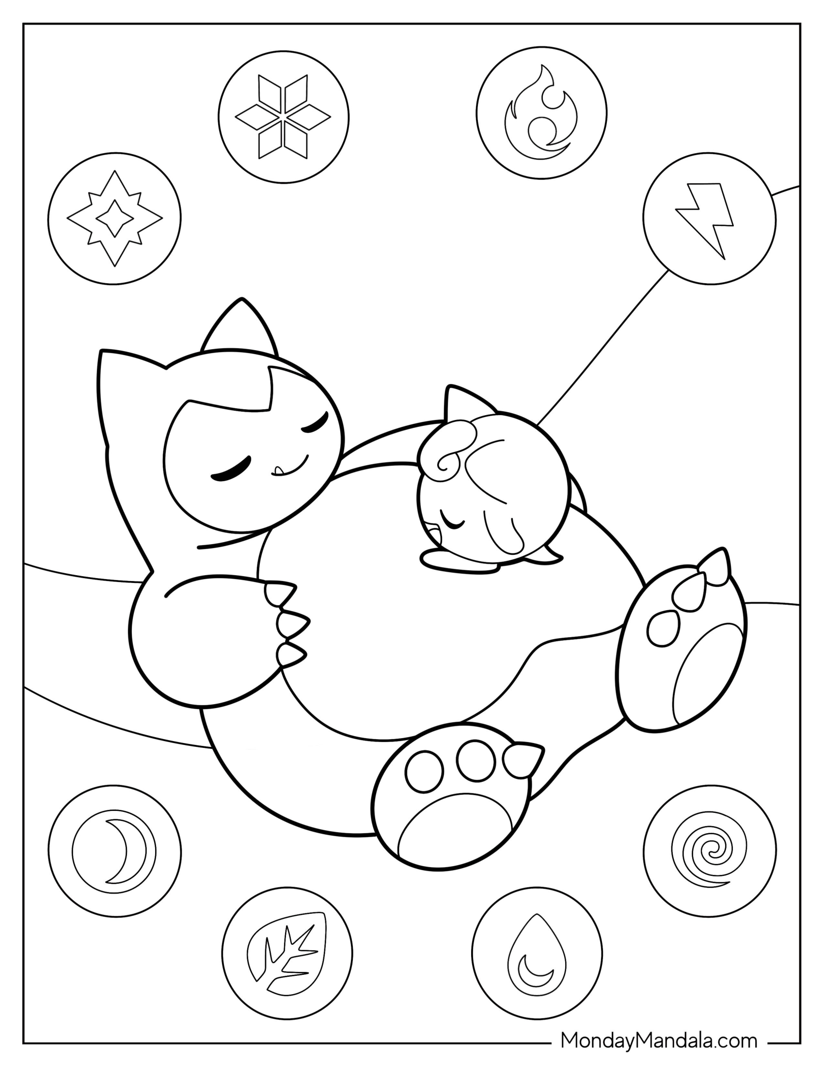 Jigglypuff Sleeping On Top Of Snorlax Coloring Page