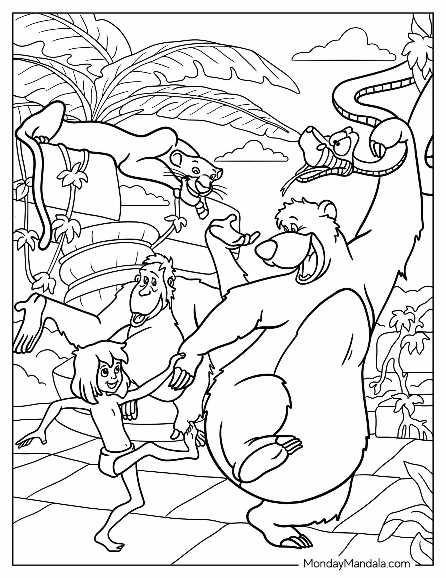 Jungle Book Coloring Page Of Baloo, Mowgli, Kaa, King Louie, And Bagheera