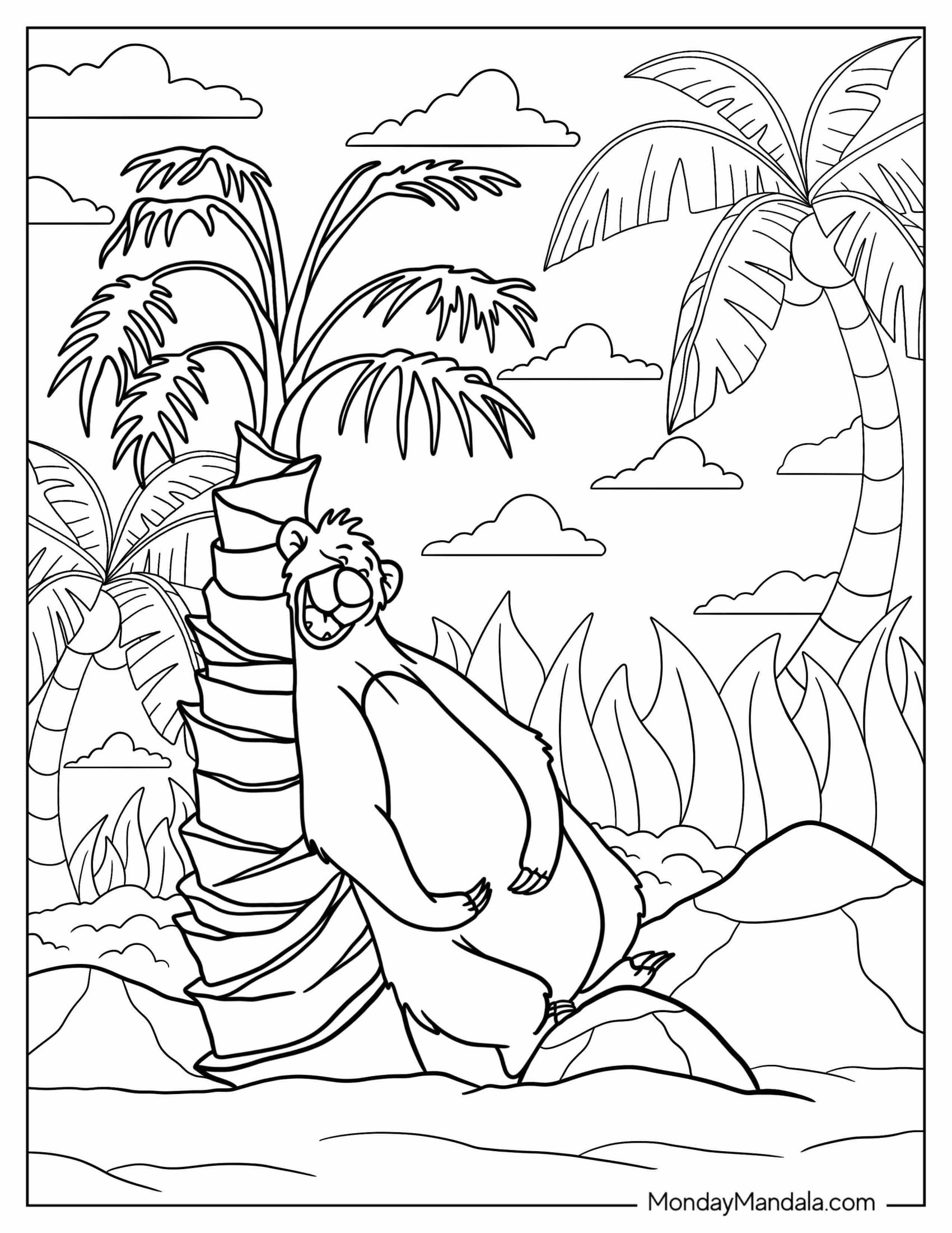 Jungle Book Coloring Page Of Baloo Scratching Back Against Tree