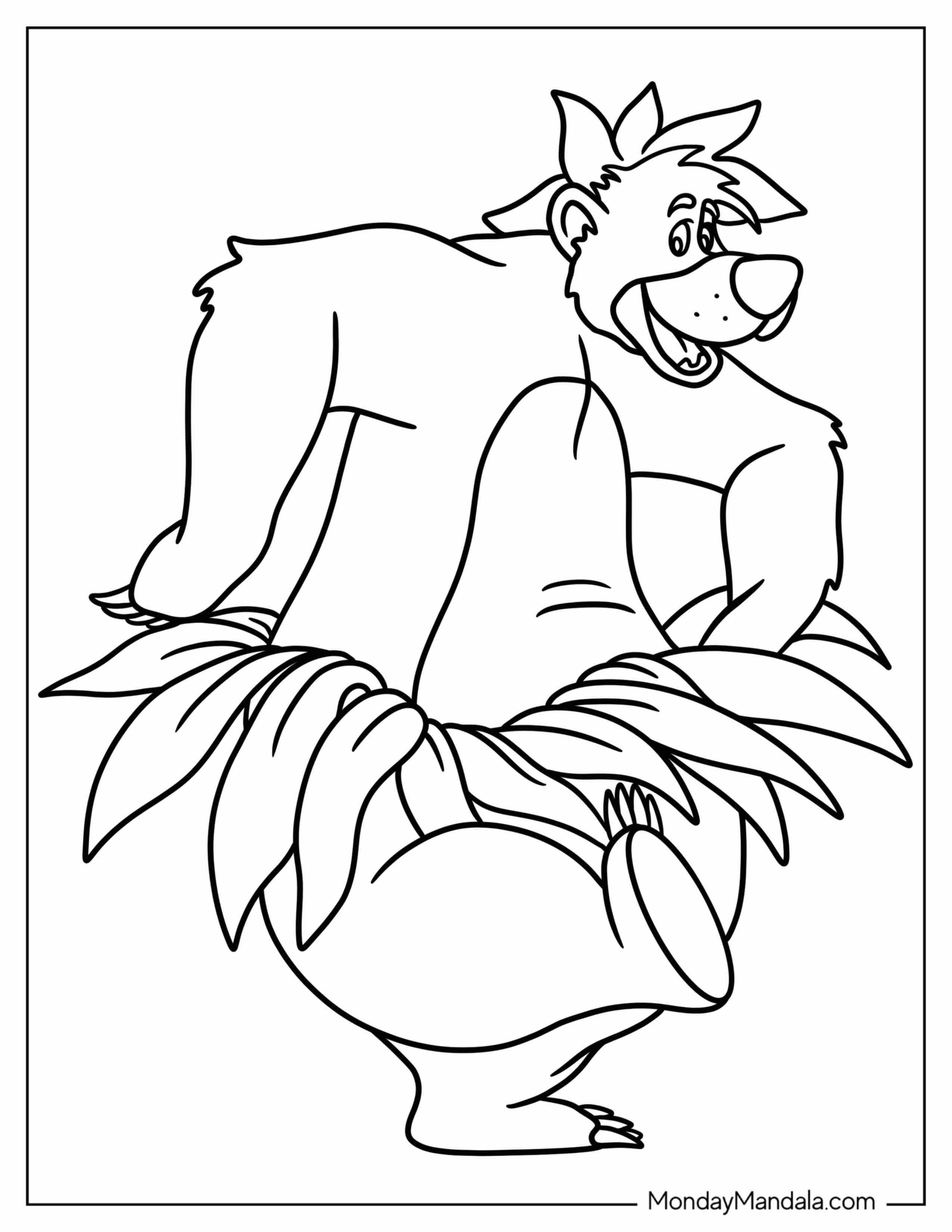 Jungle Book Coloring Page Of Balooo Wearing Hula Skirt And Leaf Headdress For Kids