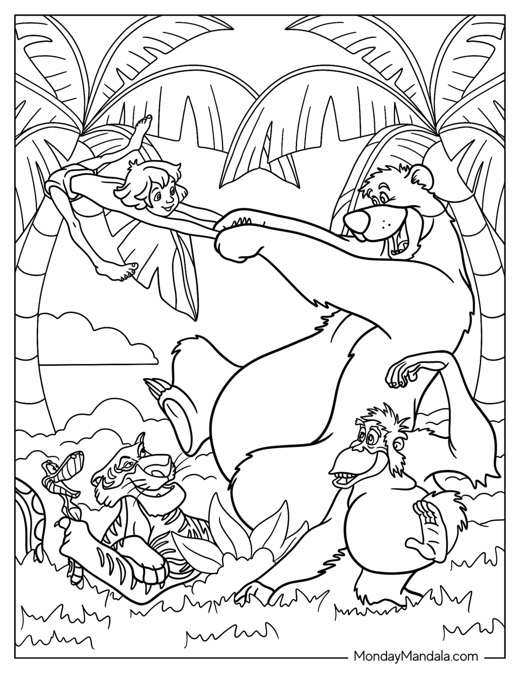 Jungle Book Coloring Page Of Mowgli, Baloo, King Louie, Shere Khan, And Kaa