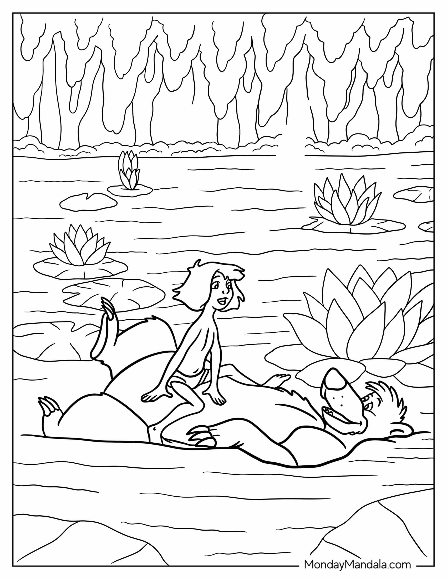 Jungle Book Coloring Page Of Mowgli Sitting On Top of Baloo While Floating In Water